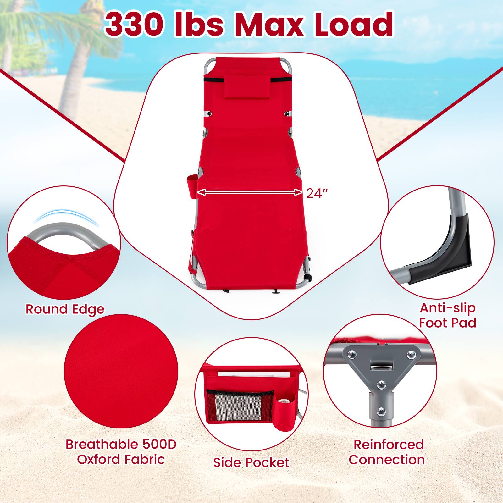330 lbs Max Load  
24" Round Edge  
Anti-slip Foot Pad  
Breathable 500D Oxford Fabric  
Side Pocket  
Reinforced Connection