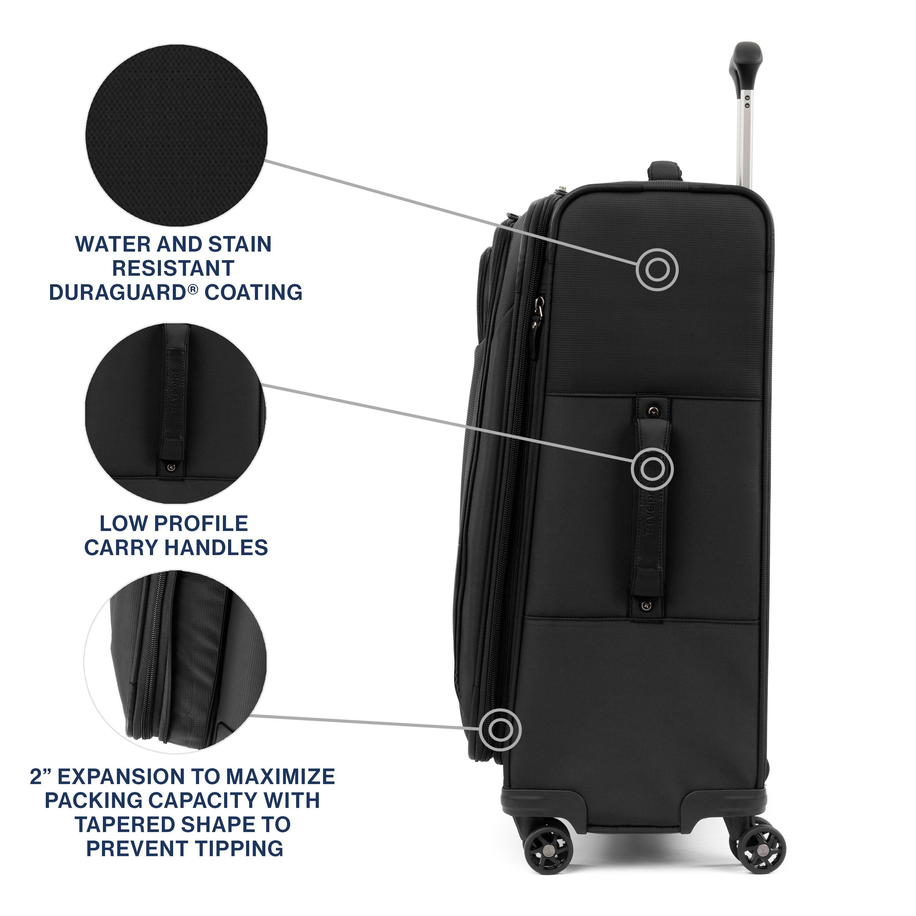WATER AND STAIN RESISTANT DURAGUARD® COATING  
LOW PROFILE CARRY HANDLES  
2" EXPANSION TO MAXIMIZE PACKING CAPACITY WITH TAPERED SHAPE TO PREVENT TIPPING