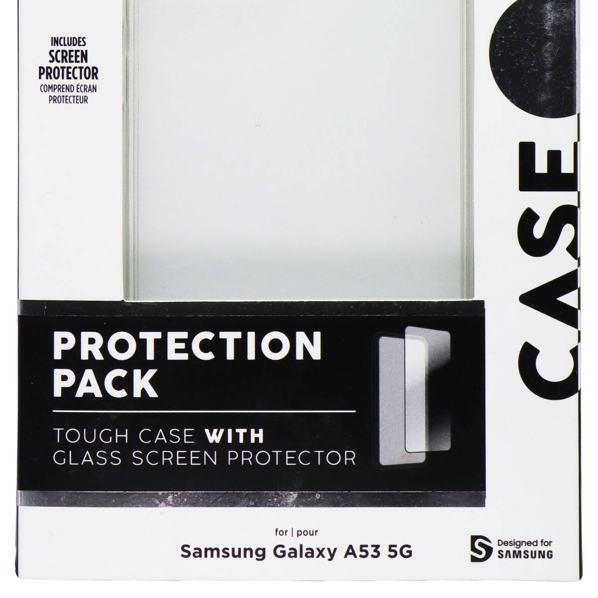 INCLUDES SCREEN PROTECTOR  
COMPREND ECRAN PROTECTEUR  
PROTECTION PACK  
TOUGH CASE WITH GLASS SCREEN PROTECTOR  
for | pour Samsung Galaxy A53 5G  
CASE  
Designed for SAMSUNG