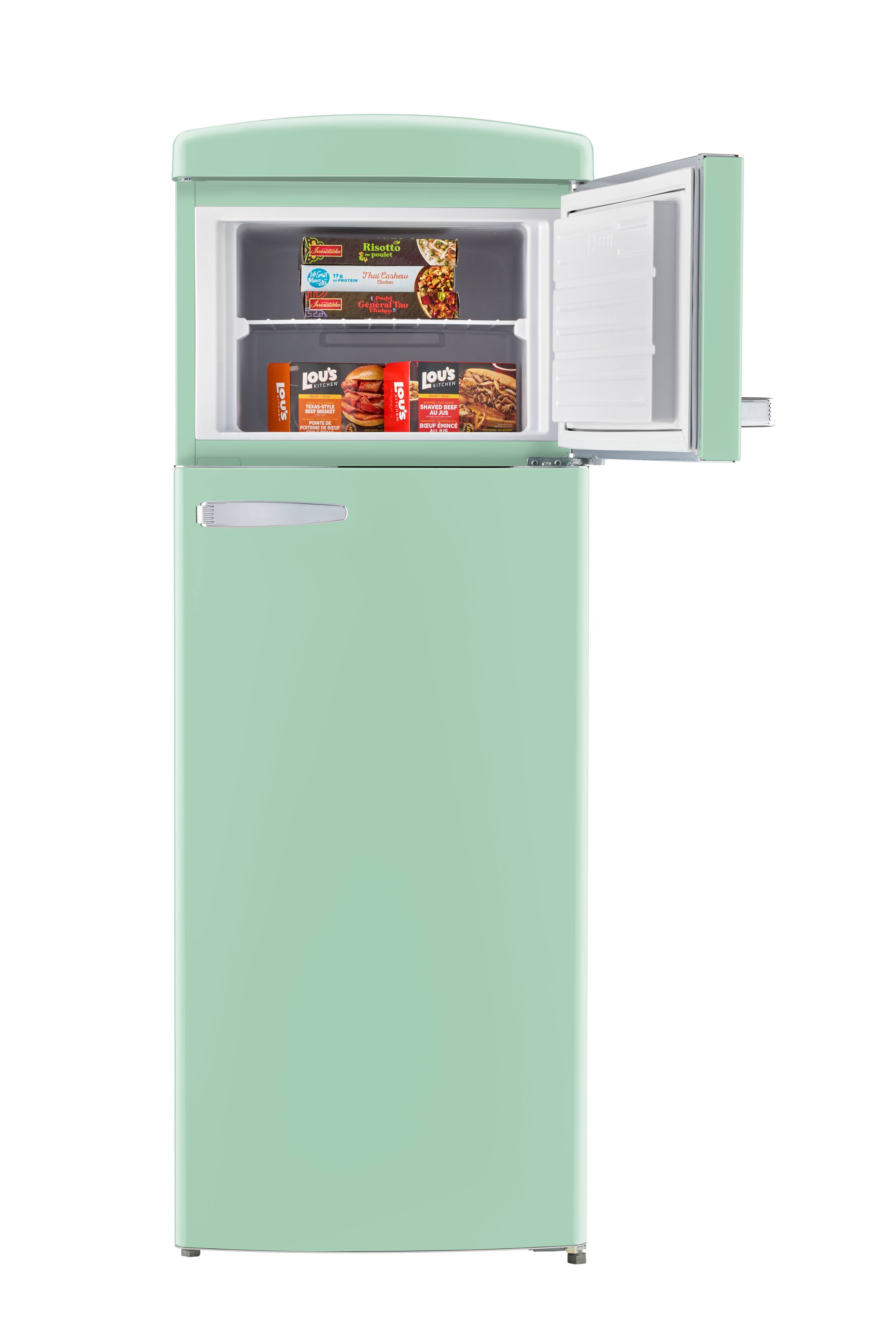 Sure, here is the corrected and grouped text:

**Top Shelf:**
- Risotto
- Thai Cashew
- New Recipe
- Thai Cashew
- Thai Cashew

**Middle Shelf:**
- Lou's
- Lou's
- Lou's

**Bottom Shelf:**
- Lou's
- Lou's

**Freezer:**
- (No visible text)

**Additional Text:**
- (No additional text visible)