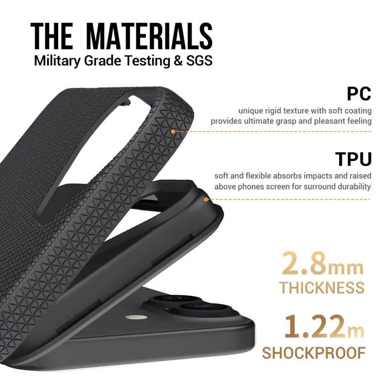THE MATERIALS  
Military Grade Testing & SGS  

PC  
unique rigid texture with soft coating provides ultimate grasp and pleasant feeling  

TPU  
soft and flexible absorbs impacts and raised above phones screen for surround durability  

2.8mm THICKNESS  
1.22m SHOCKPROOF