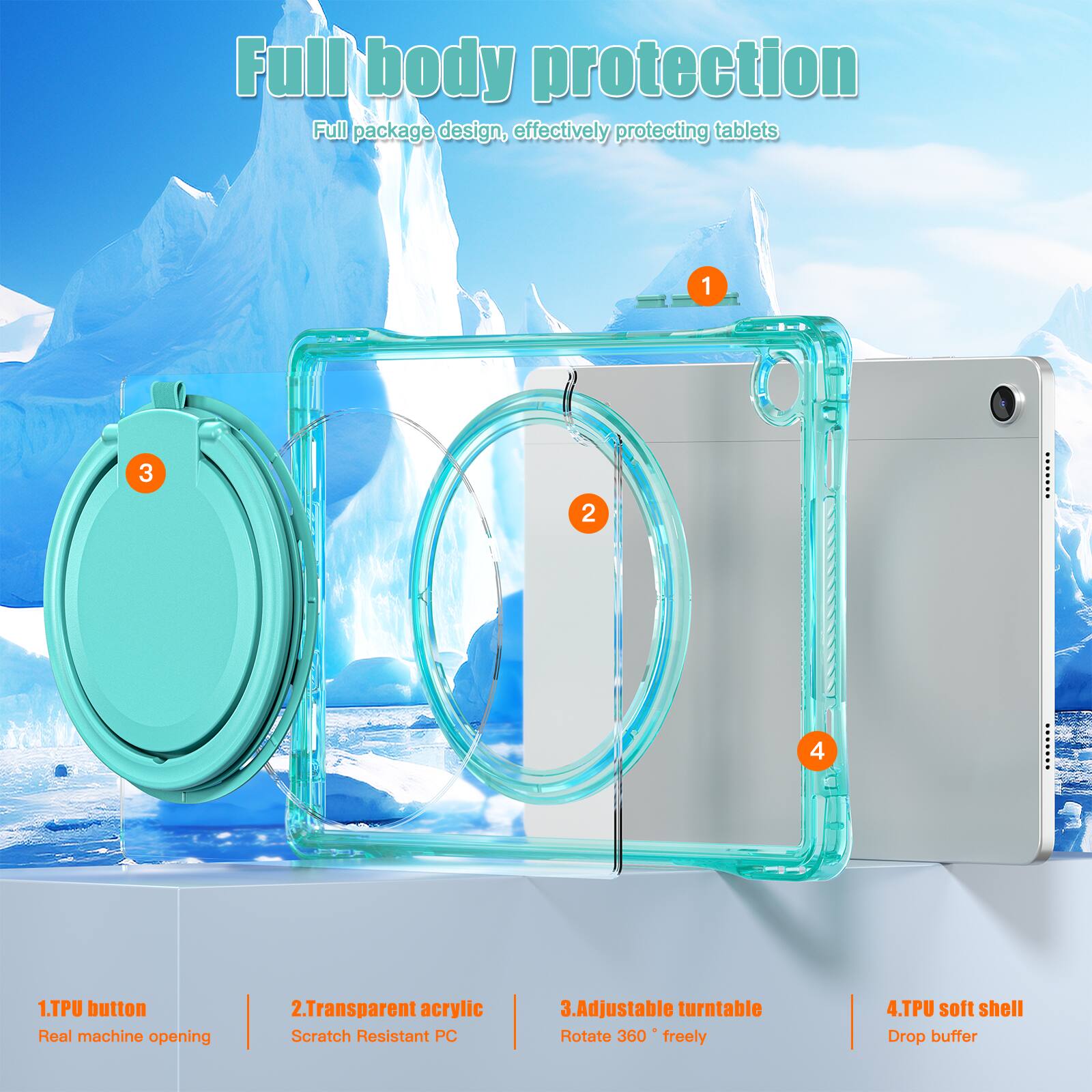Full body protection  
Full package design, effectively protecting tablets  

1. TPU button  
Real machine opening  

2. Transparent acrylic  
Scratch Resistant PC  

3. Adjustable turntable  
Rotate 360° freely  

4. TPU soft shell  
Drop buffer