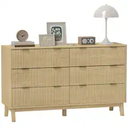 Homcom - Fluted Dresser for Bedroom with 6 Drawers, 54" Wide Chest of Drawers with Gold Finger Pulls and 5 Wood Legs - Natural Wood