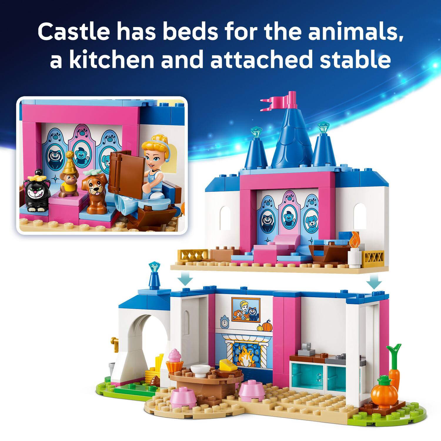 Castle has beds for the animals, a kitchen and attached stable