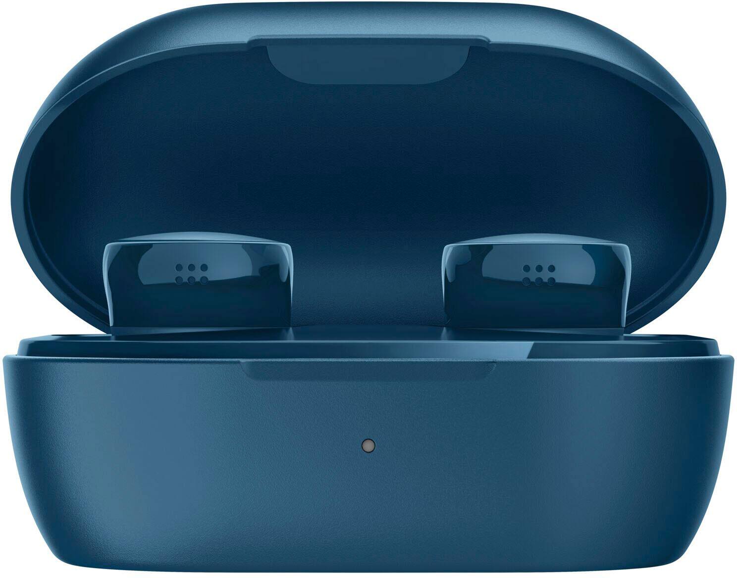 The image shows a blue case with a hinged lid, which is designed to hold a pair of earbuds. The case is open, revealing the earbuds inside. The earbuds are placed in a compartment within the case, providing protection and organization. The case is likely intended for travel or storage purposes, ensuring that the earbuds remain safe and secure when not in use.