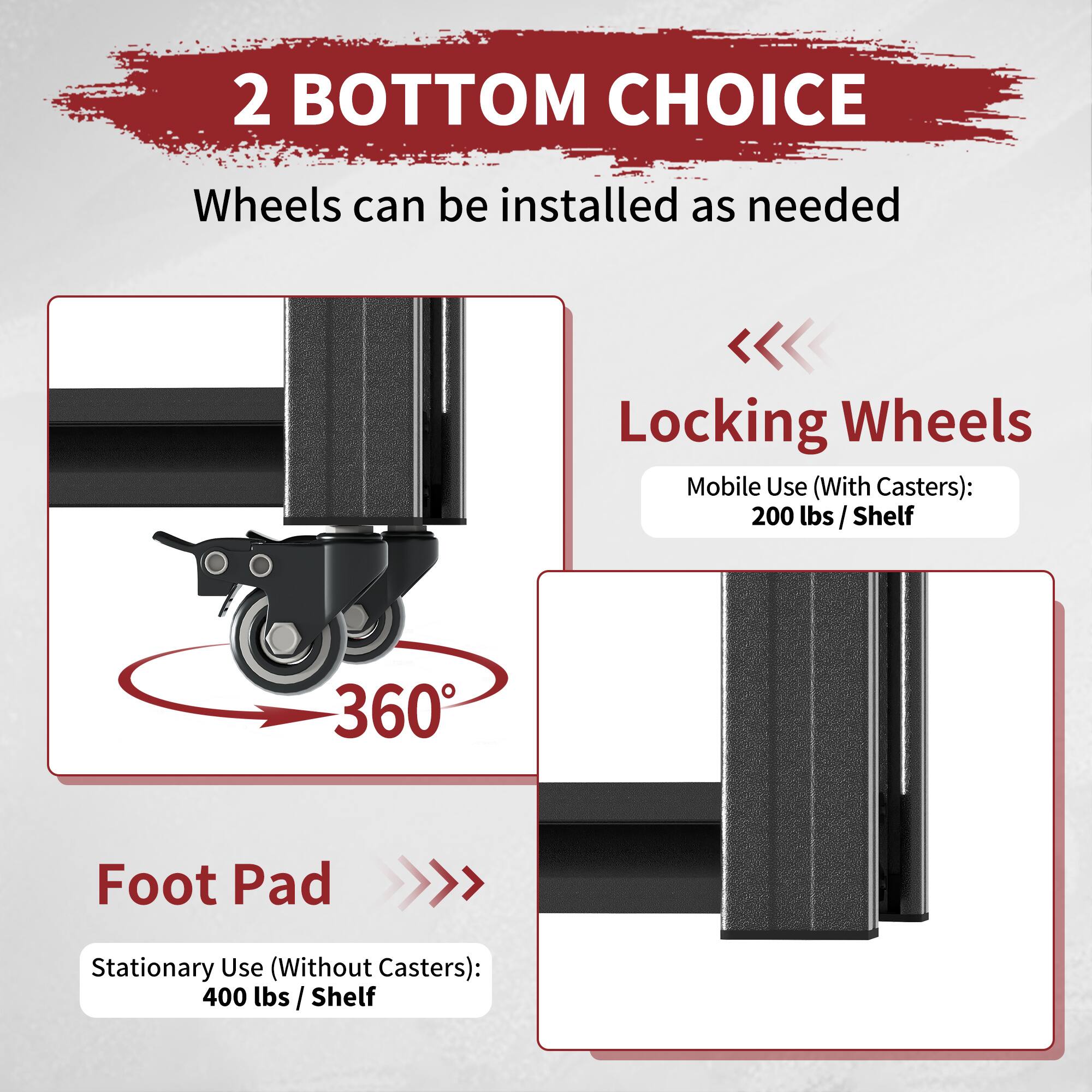 2 BOTTOM CHOICE  
Wheels can be installed as needed  

Locking Wheels  
Mobile Use (With Casters): 200 lbs / Shelf  

Foot Pad  
Stationary Use (Without Casters): 400 lbs / Shelf