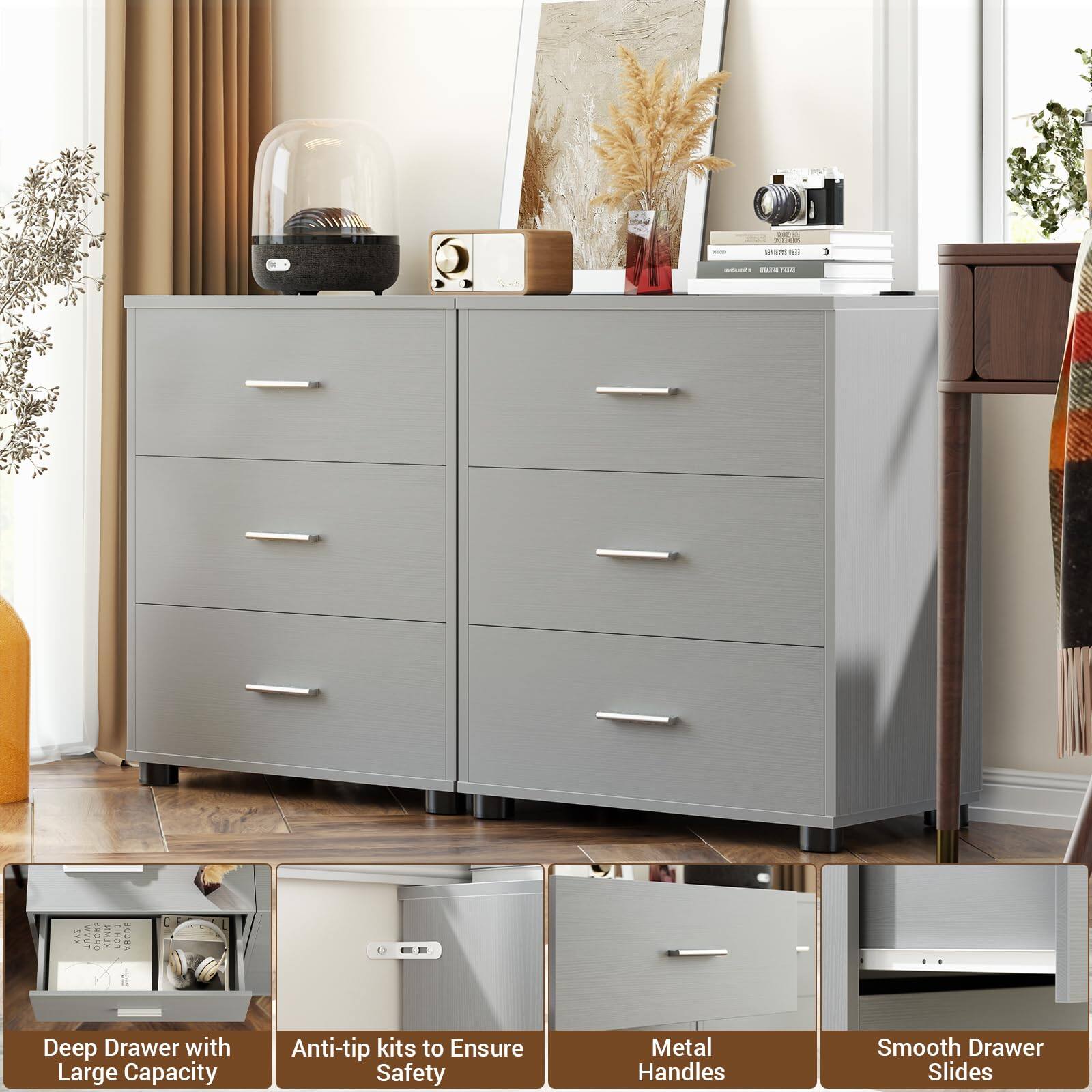 Deep Drawer with Large Capacity Anti-tip kits to Ensure Safety Metal Handles Smooth Drawer Slides