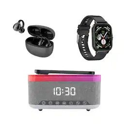 Bundle - Pursonic - Ultimate Smart Living – Bluetooth Smart Watch, True Wireless Earbuds & 5-in-1 Alarm Clock Hub - Black - (2020)