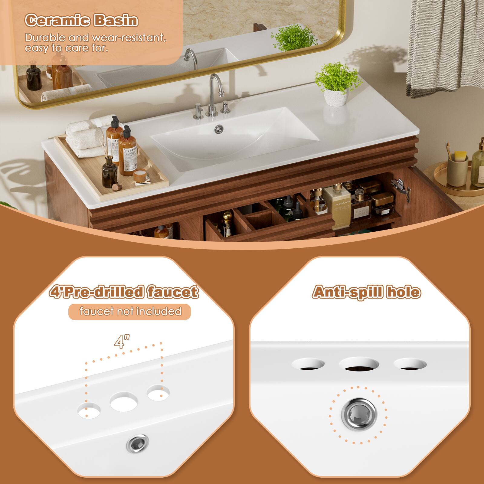 Ceramic Basin Durable and wear-resistant, easy to care for. - Smt NNA A 4Pre-drilled faucet faucet not included Anti-spill hole 4"