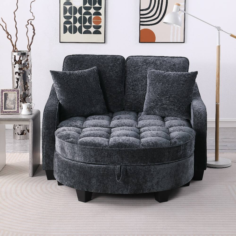 Back. Loheer - Loheer 2-Seater Black Corduroy Sofa Recliner with Storage Footrest and Pillows for Living Room - Black.
