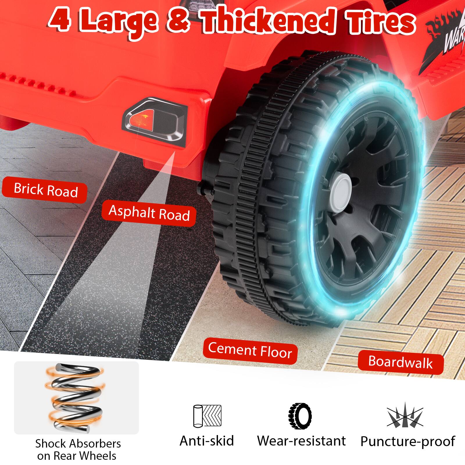 4 Large & Thickened Tires

- Brick Road
- Asphalt Road
- Cement Floor
- Boardwalk

- Shock Absorbers on Rear Wheels
- Anti-skid
- Wear-resistant
- Puncture-proof