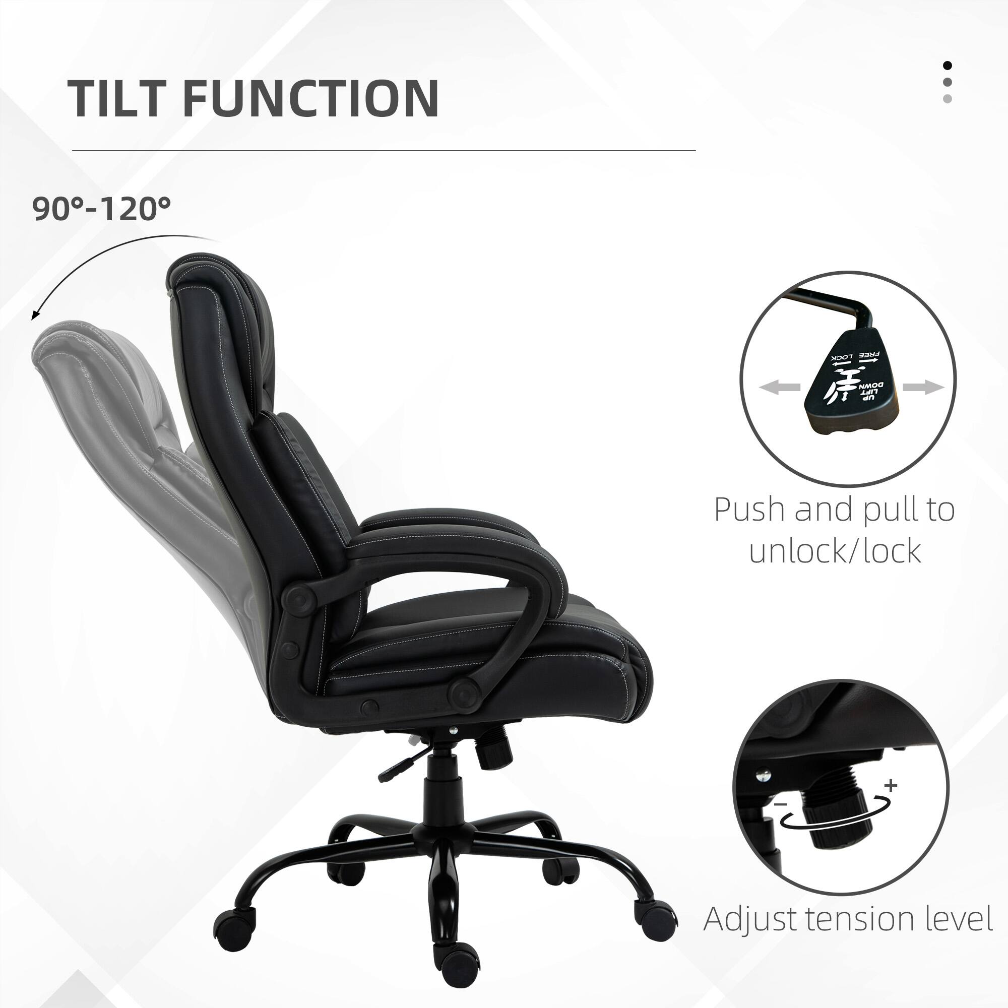 TILT FUNCTION: 90-120° Push and pull to unlock/lock Adjust tension level
