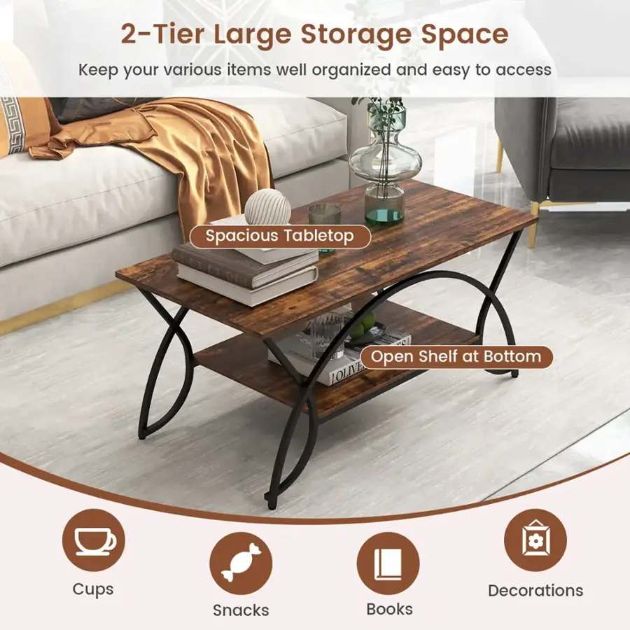2-Tier Large Storage Space: Keep your various items well organized and easy to access. Spacious Tabletop. Open Shelf at Bottom. Cups, Snacks, Books, Decorations.