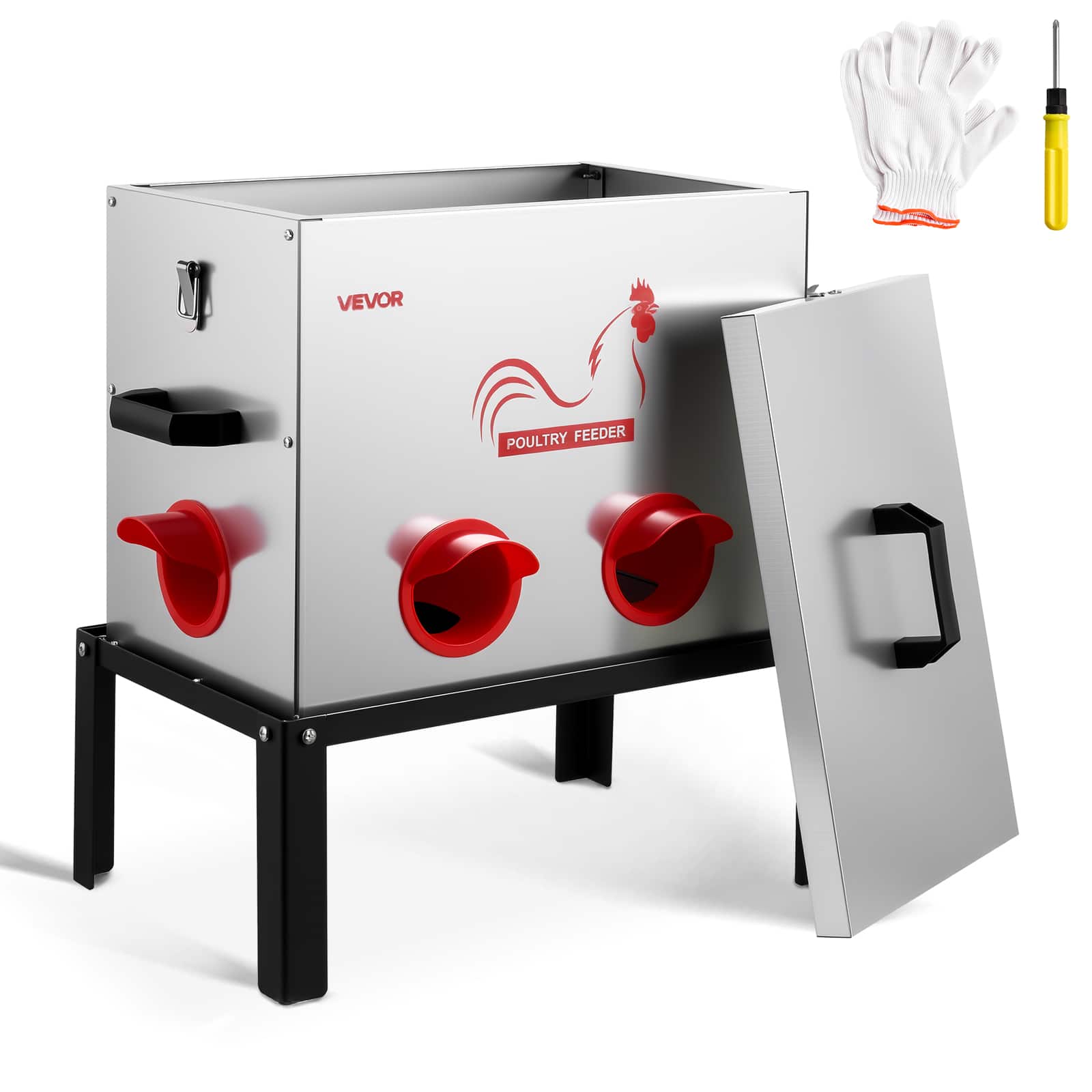 VEVOR - Automatic Chicken Feeder, 40 lbs Capacity, 6 Feeding Ports No-Waste Poultry Feeder with Built-In Divider, with Latch - Silver + Red + Black