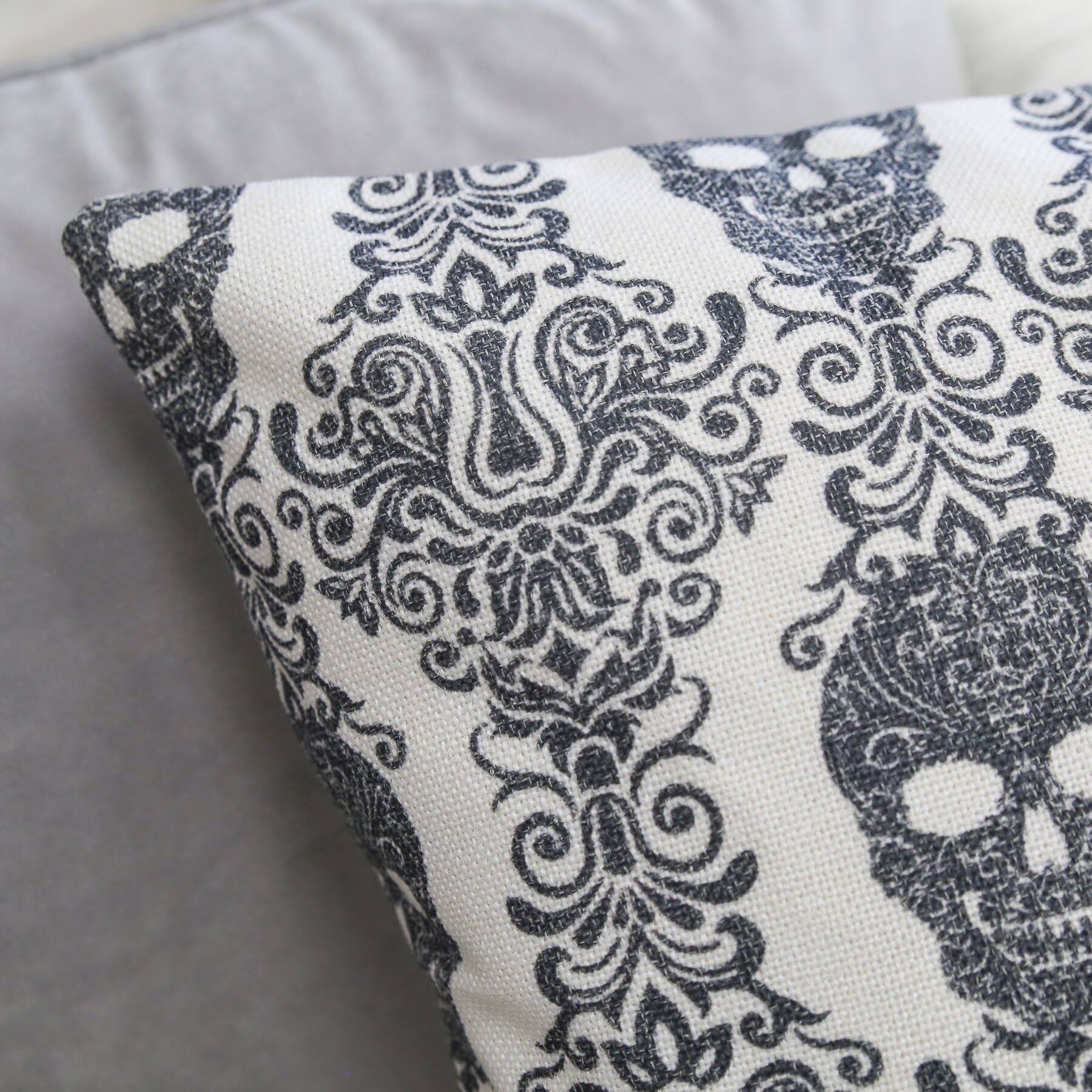 Left. TinyHomie - Gothic Damask Skull Throw Pillow Black White Cotton Linen - Gray.