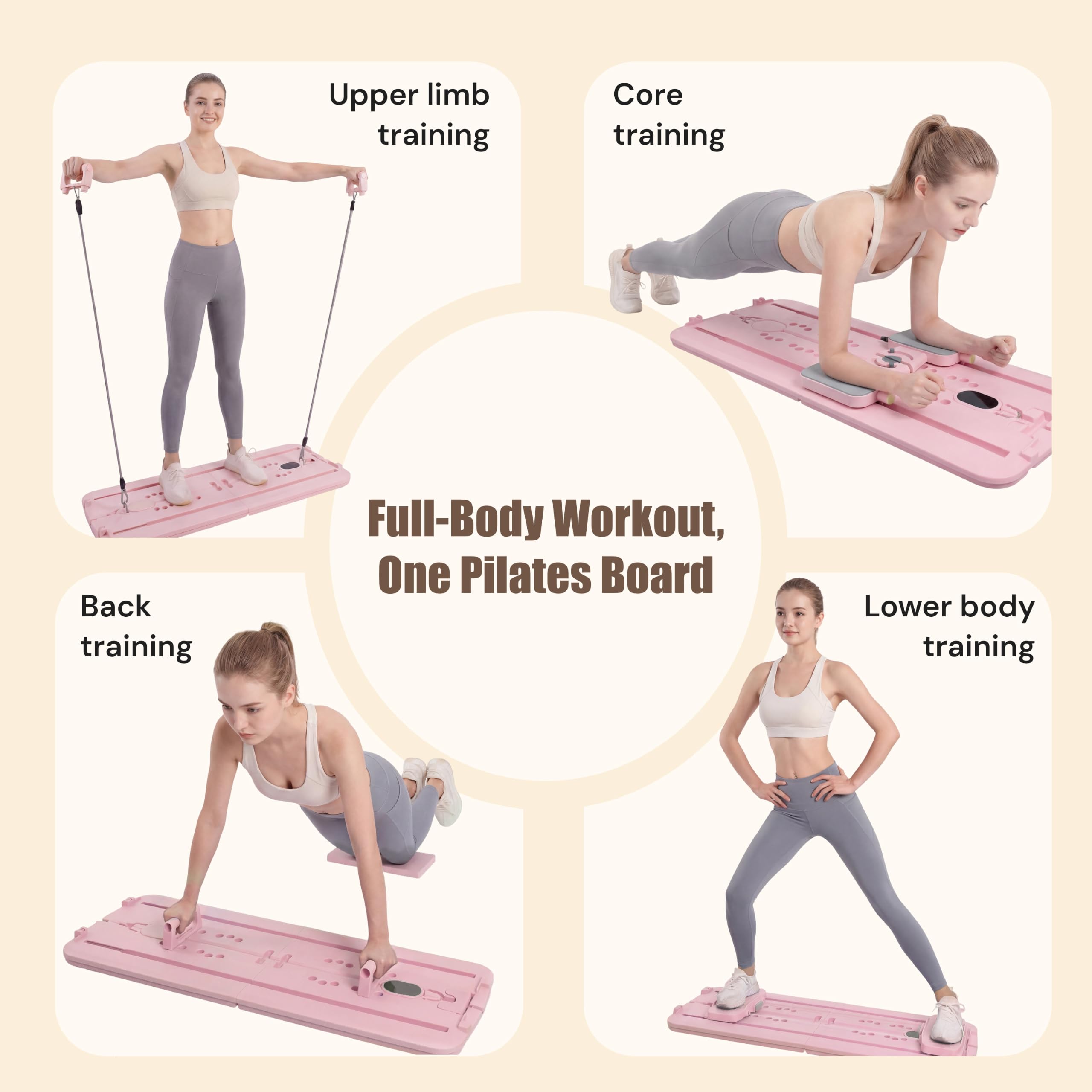 Upper limb training  
Core training  
Back training  
Full-Body Workout, One Pilates Board  
Lower body training