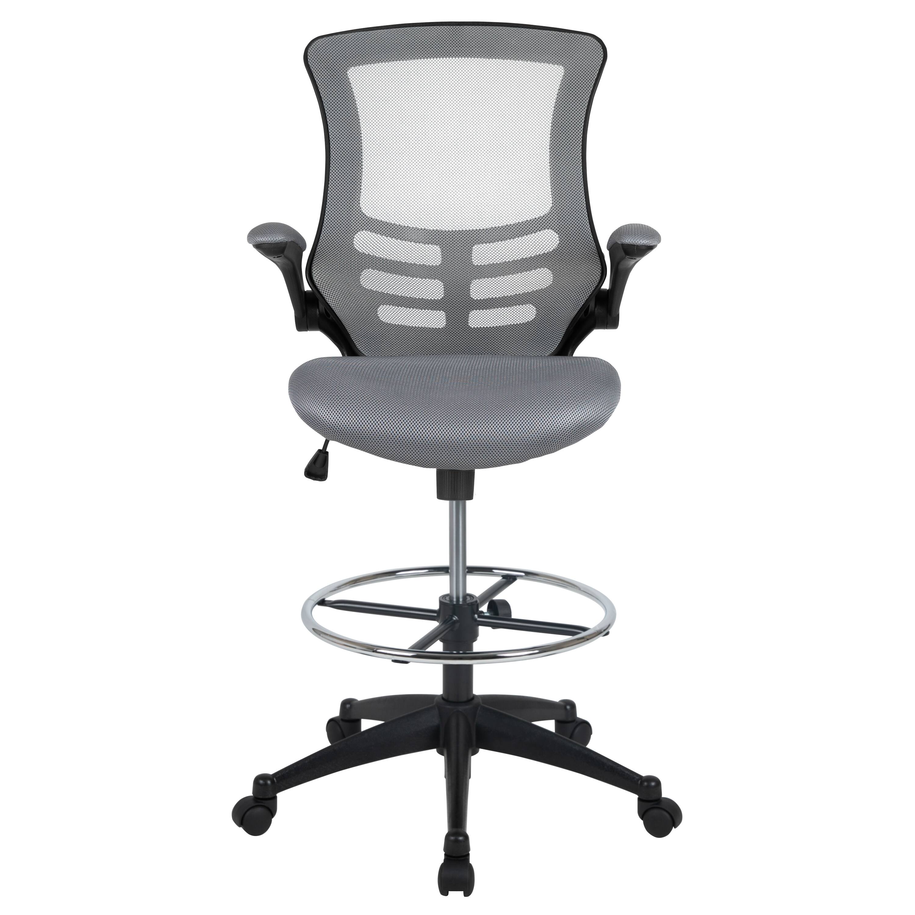 Alt View 7. Emma + Oliver - Mid-Back Mesh Ergonomic Drafting Chair with Foot Ring and Flip-Up Arms - Dark Gray Mesh/Black Frame.
