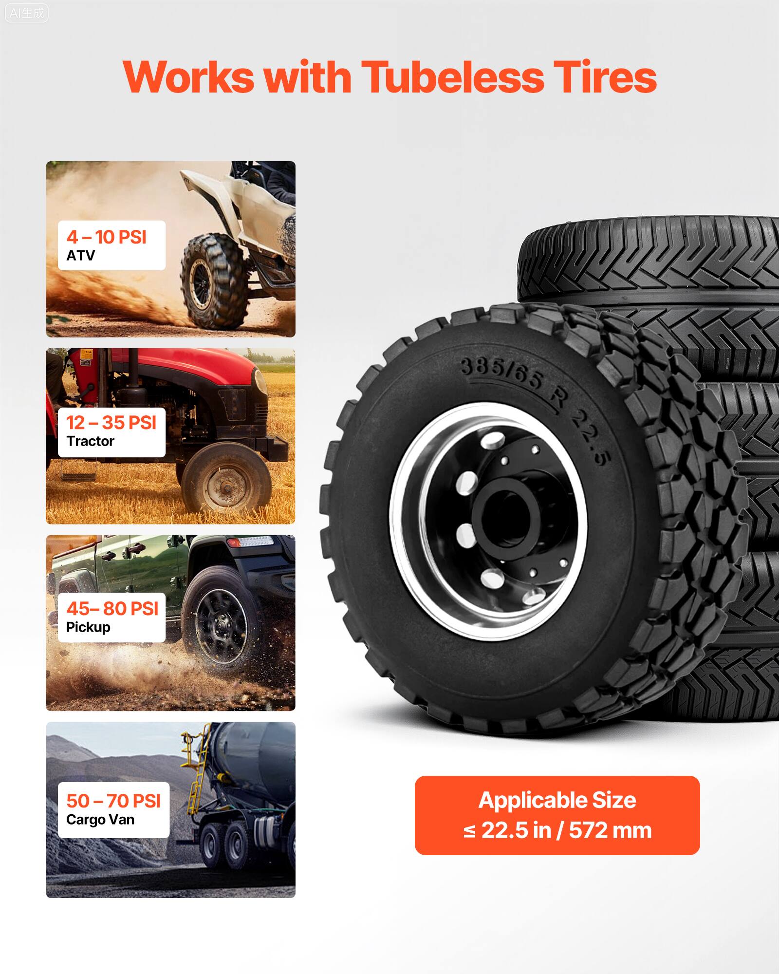 Works with Tubeless Tires

- ATV: 4 - 10 PSI
- Tractor: 12 - 35 PSI
- Pickup: 45 - 80 PSI
- Cargo Van: 50 - 70 PSI

Applicable Size: ≤ 22.5 in / 572 mm