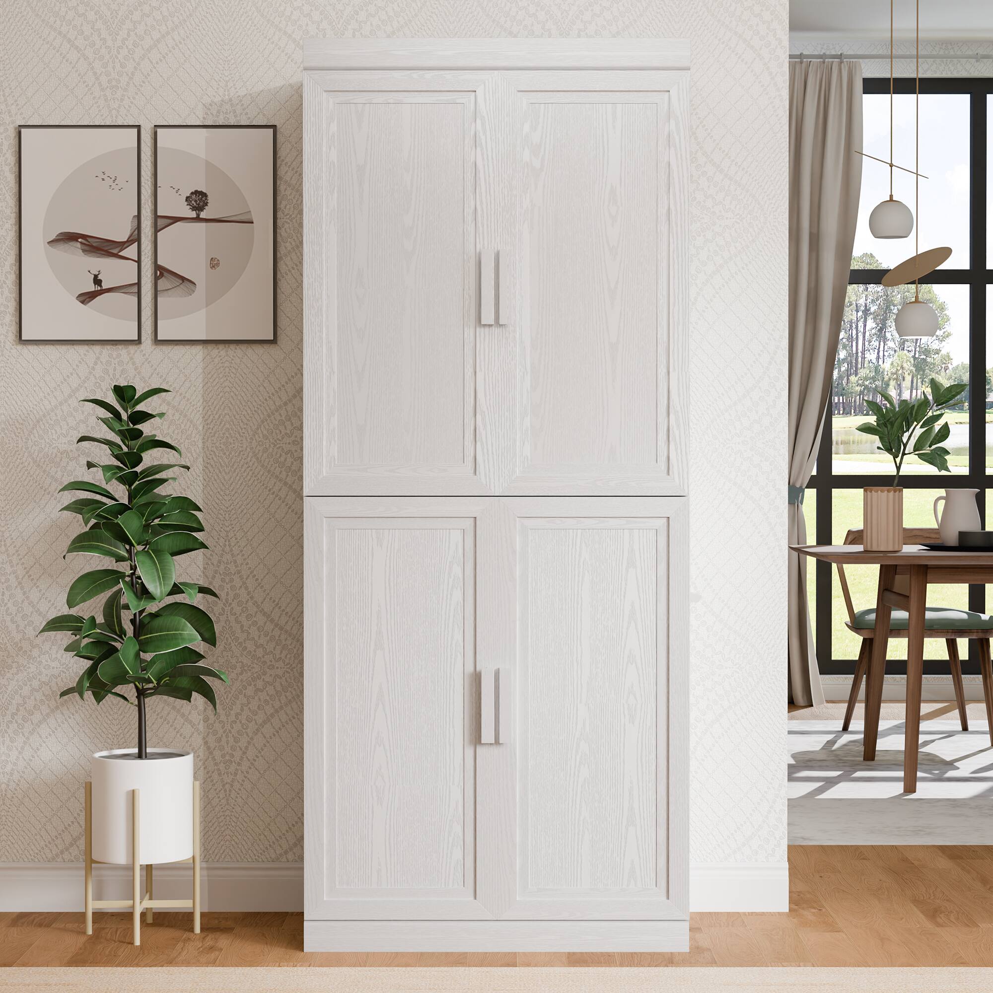 Front. PexFix - 72" Kitchen Pantry Cabinet, Oak Freestanding Storage Cabinet with Doors and Adjustable Shelves for Dining Room - White.