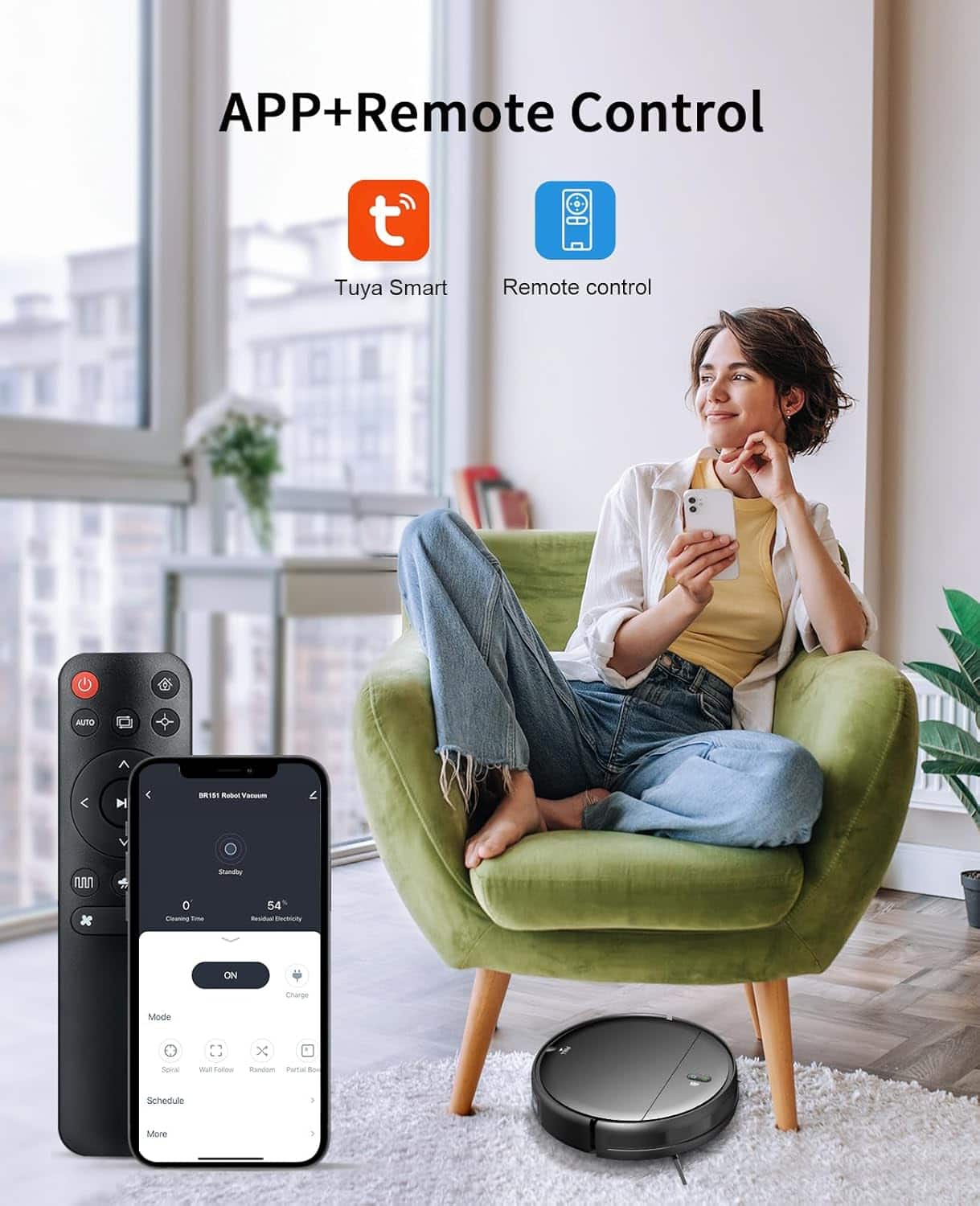 APP+Remote Control, Tuya Smart, Remote control, BR151 Robot Yaoyun, Standby, Cleaning Time, Residual Electricity, ON, Charge, Mode, Spiral, Wall Follow, Random, Partial Box, Schedule, More