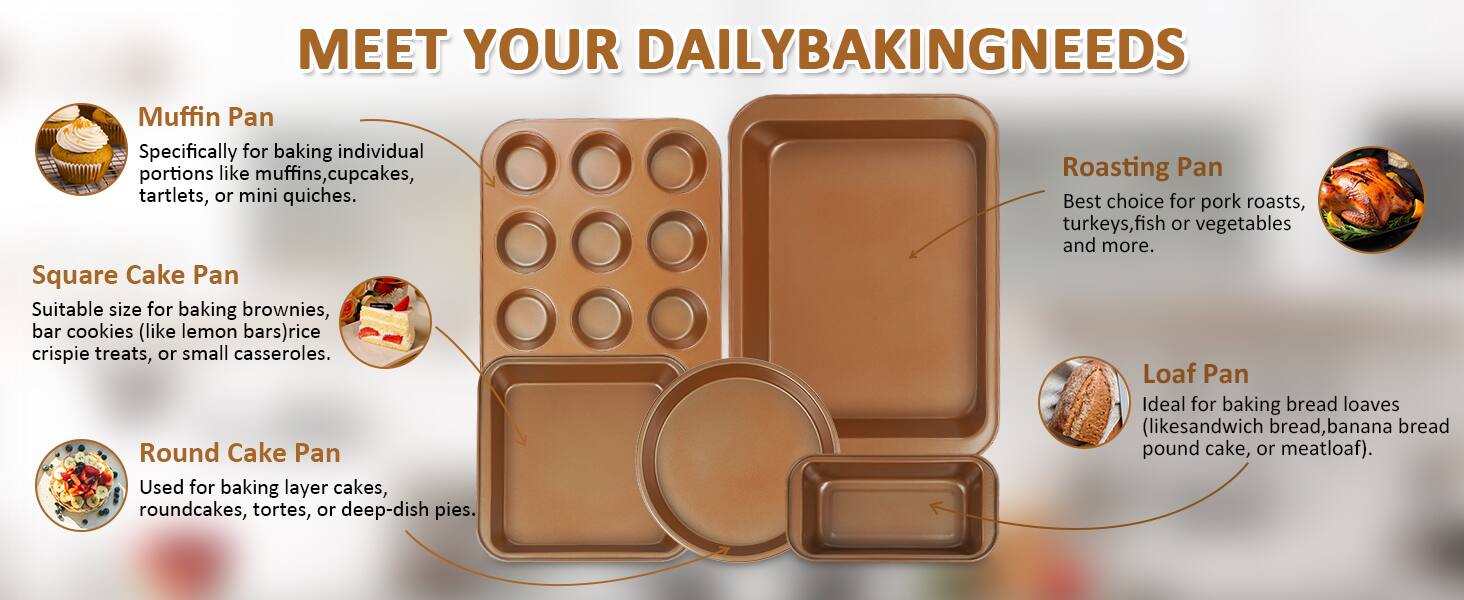 MEET YOUR DAILY BAKING NEEDS

Muffin Pan  
Specifically for baking individual portions like muffins, cupcakes, tartlets, or mini quiches.

Square Cake Pan  
Suitable size for baking brownies, bar cookies (like lemon bars), rice crispie treats, or small casseroles.

Roasting Pan  
Best choice for pork roasts, turkeys, fish or vegetables and more.

Loaf Pan  
Ideal for baking bread loaves (like sandwich bread, banana bread, pound cake, or meatloaf).

Round Cake Pan  
Used for baking layer cakes, round cakes, tortes, or deep-dish pies.