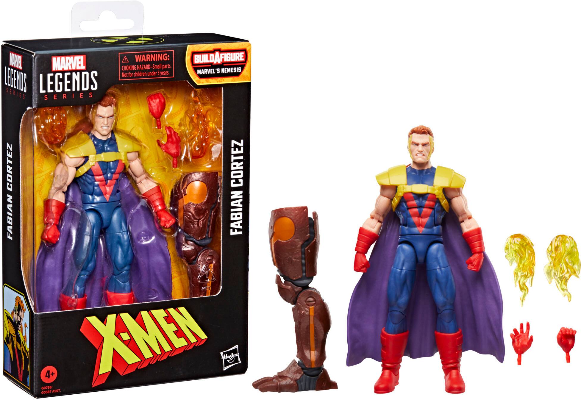 The text on the image reads: "WARNING: BUILDAFIGURE FIGURE MARVEL CHOKING HAZARD-Small parts. Not for children under 3 years. Marvel's Legends Series Cortez Fabian 60798/ 4+ X-Men Hoshu G0587 ARST."
