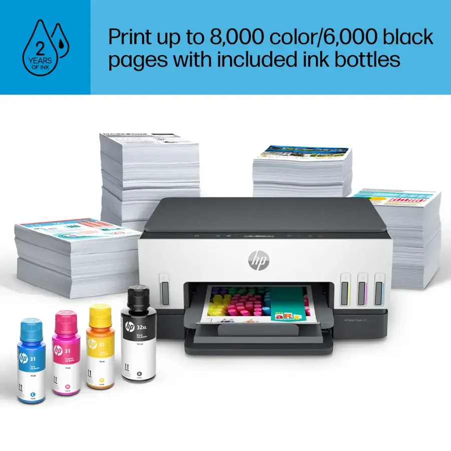 2 YEARS OF INK: Print up to 8,000 color/6,000 black pages with included ink bottles.