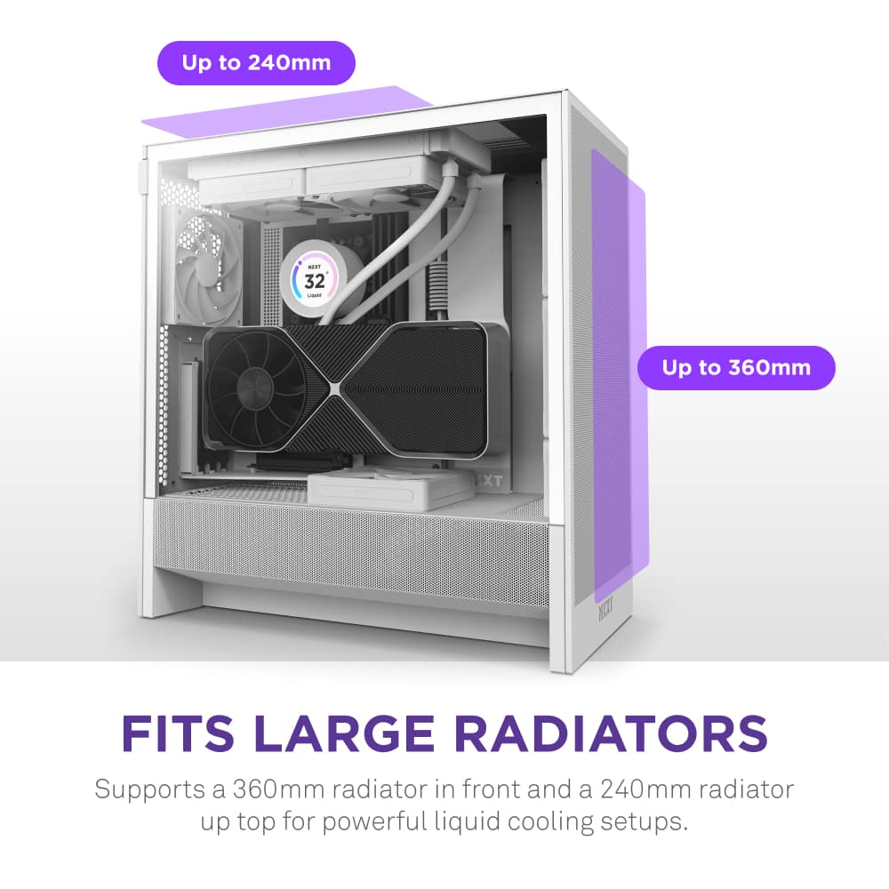 Up to 240mm radiator in front and a 360mm radiator up top for powerful liquid cooling setups.