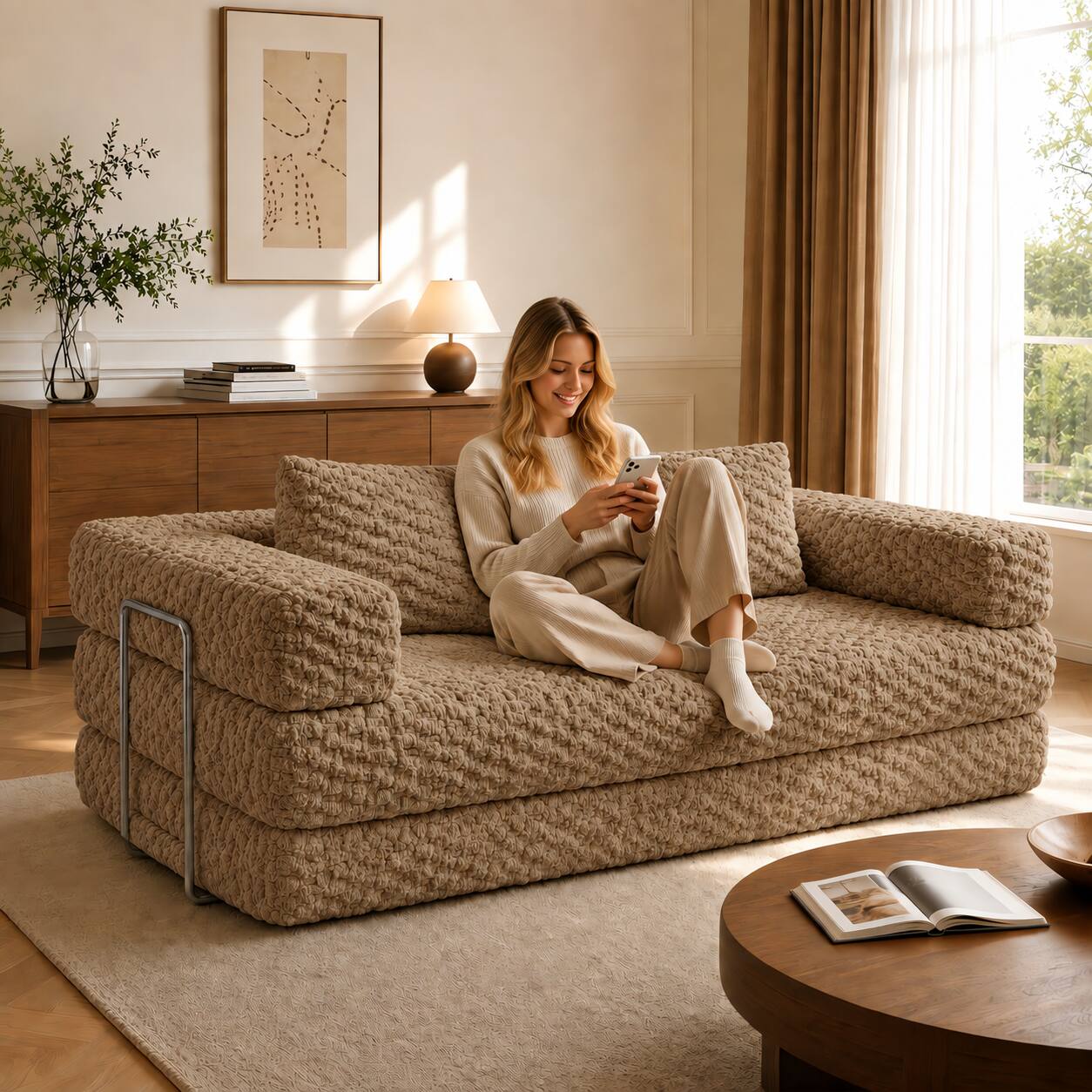 Alt View 2. Famapy - Convertible Folding Sofa Bed Couch 2-in-1 Loveseat with Plush Fabric Detachable Metal Support Brackets for Living Room - Light Brown.