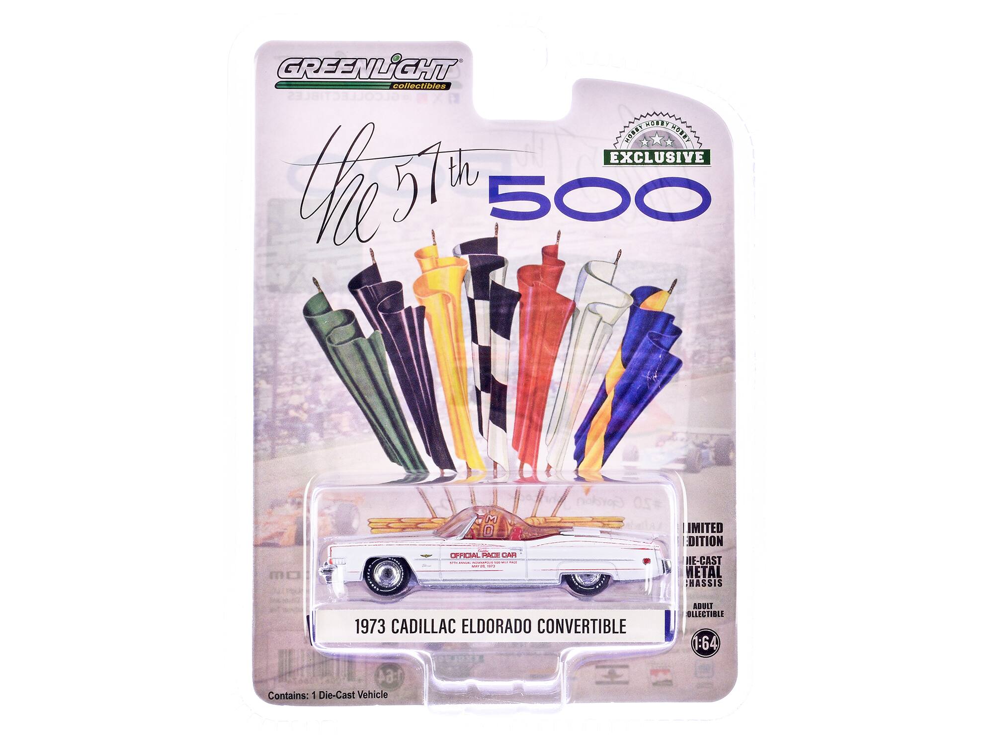 GREENLIGHT collectibles  
The 57th  
500  
EXCLUSIVE  

1973 CADILLAC ELORADO CONVERTIBLE  
OFFICIAL RACE CAR  

LIMITED EDITION  
1:64  
DIE-CAST METAL  
ADULT COLLECTIBLE  

Contains: 1 Die-Cast Vehicle