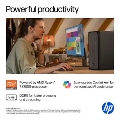 HP - OmniDesk Desktop - AMD Ryzen 7 - 16GB DDR5 Memory - 1TB SSD - Gray Wood