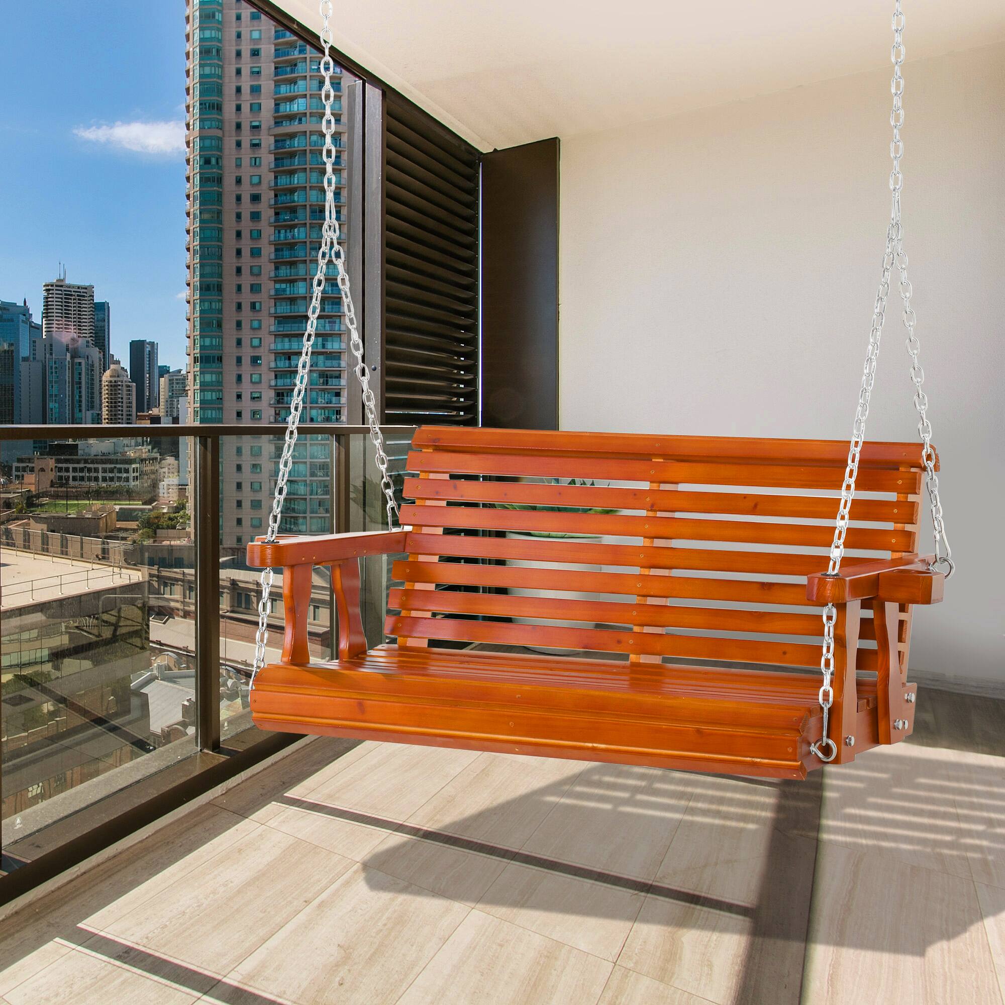 Alt View 1. Outsunny - Porch Swing with Chains and Cupholders, 2 Person Wooden Patio Swing Chair, 440 lbs. Weight Capacity - Brown.