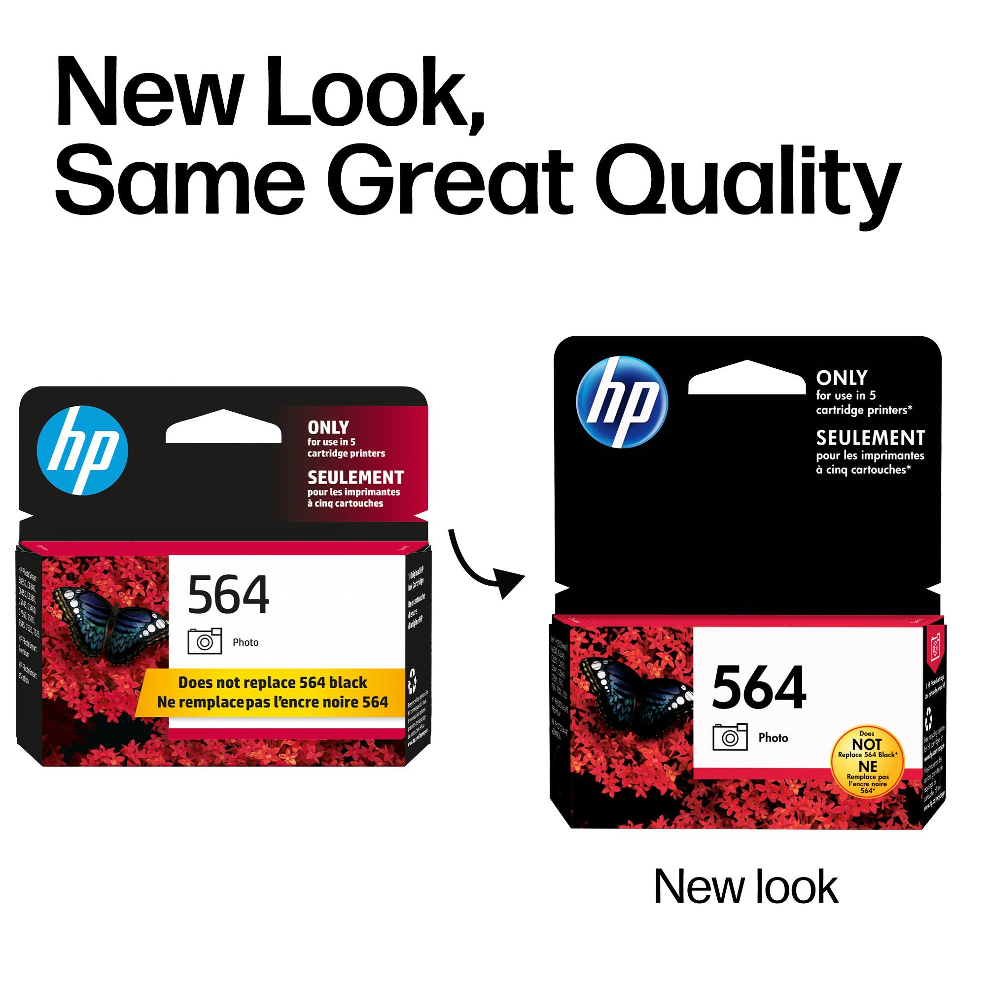New Look, Same Great Quality

hp ONLY For use in 5 cartridge printers  
SEULEMENT pour les imprimantes à cinq cartouches  
564 Photo  
Does not replace 564 black  
Ne remplace pas l'encre noire 564  

New look