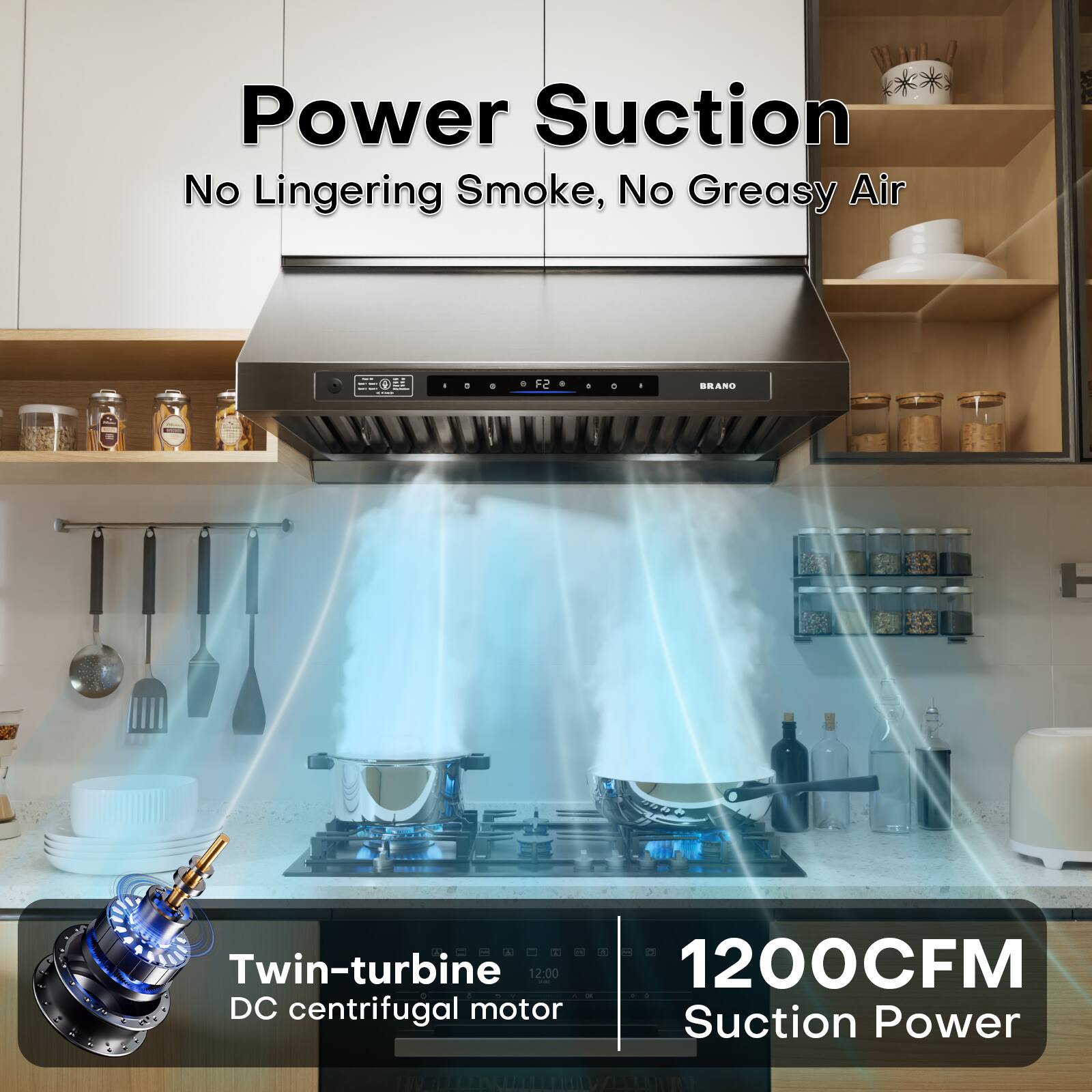 Power Suction  
No Lingering Smoke, No Greasy Air  

E=O F2 - BRARG Twin-turbine 12:00 I 1200CFM DC centrifugal motor Suction Power
