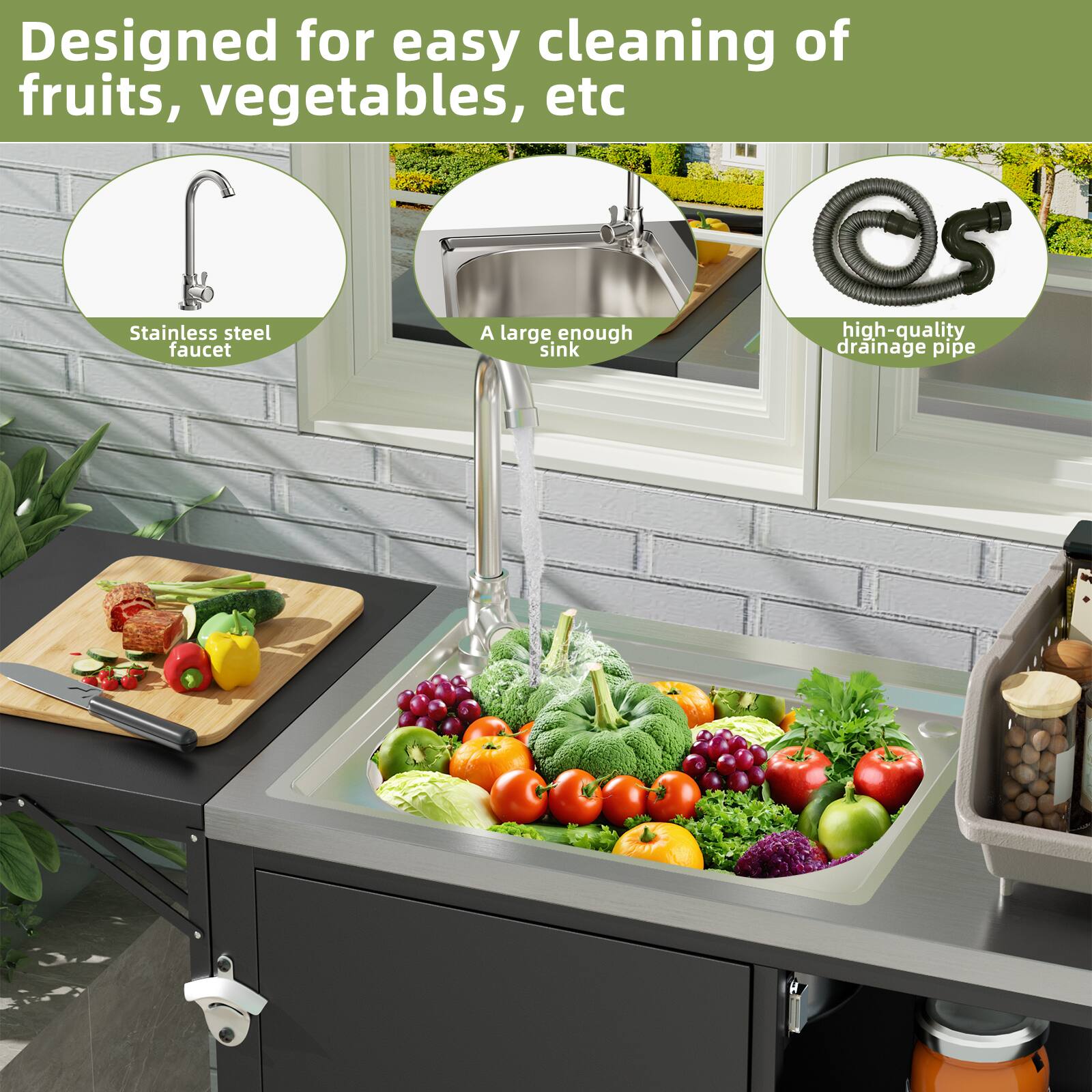 Designed for easy cleaning of fruits, vegetables, etc

- Stainless steel faucet
- A large enough sink
- High-quality drainage pipe