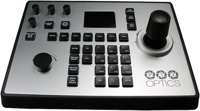 OSD OPEN/CLOSE SPEZO PtO tRS SHUTTLR GAON GAIN OSD ENTER EXPOSURE MODE WHITE BALANCE MODE OSD BACK HEARTFAR OCUS ONE PUSH AUTO FOCUS CAM ID CAM 1 CAM CAM 3 CAM 4 CAM CAM 6 R TELE SETUP BACKLIGHT ON/OFF SET CALL 1 4 GHI 2 ABC 5 JKL 3 DEF 6 MNO DOWN ONE PUSH TRIGGER FOCUS LOCK UNLOCK 7 PQRS ESC 8 TUV 0 9 WXYZ ENTER P T Z OPTICS