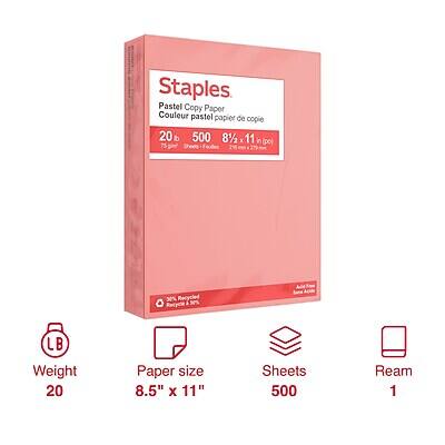 Staples Pastel Copy Paper  
Couleur pastel papier de copie  

20% b 500 8½ x 11 in (pc) 75 m Sheets  

30% Recycled  
30% Recyclable  

Weight: 20 LB  
Paper size: 8.5" x 11"  
Sheets: 500  
Ream: 1