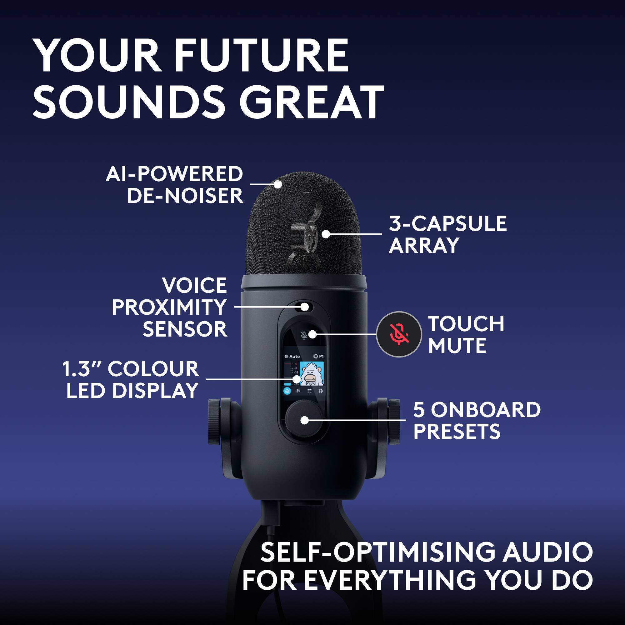 YOUR FUTURE SOUNDS GREAT

AI-POWERED DE-NOISER

3-CAPSULE ARRAY

VOICE PROXIMITY SENSOR

1.3" COLOUR LED DISPLAY

TOUCH MUTE

5 ONBOARD PRESETS

SELF-OPTIMISING AUDIO FOR EVERYTHING YOU DO