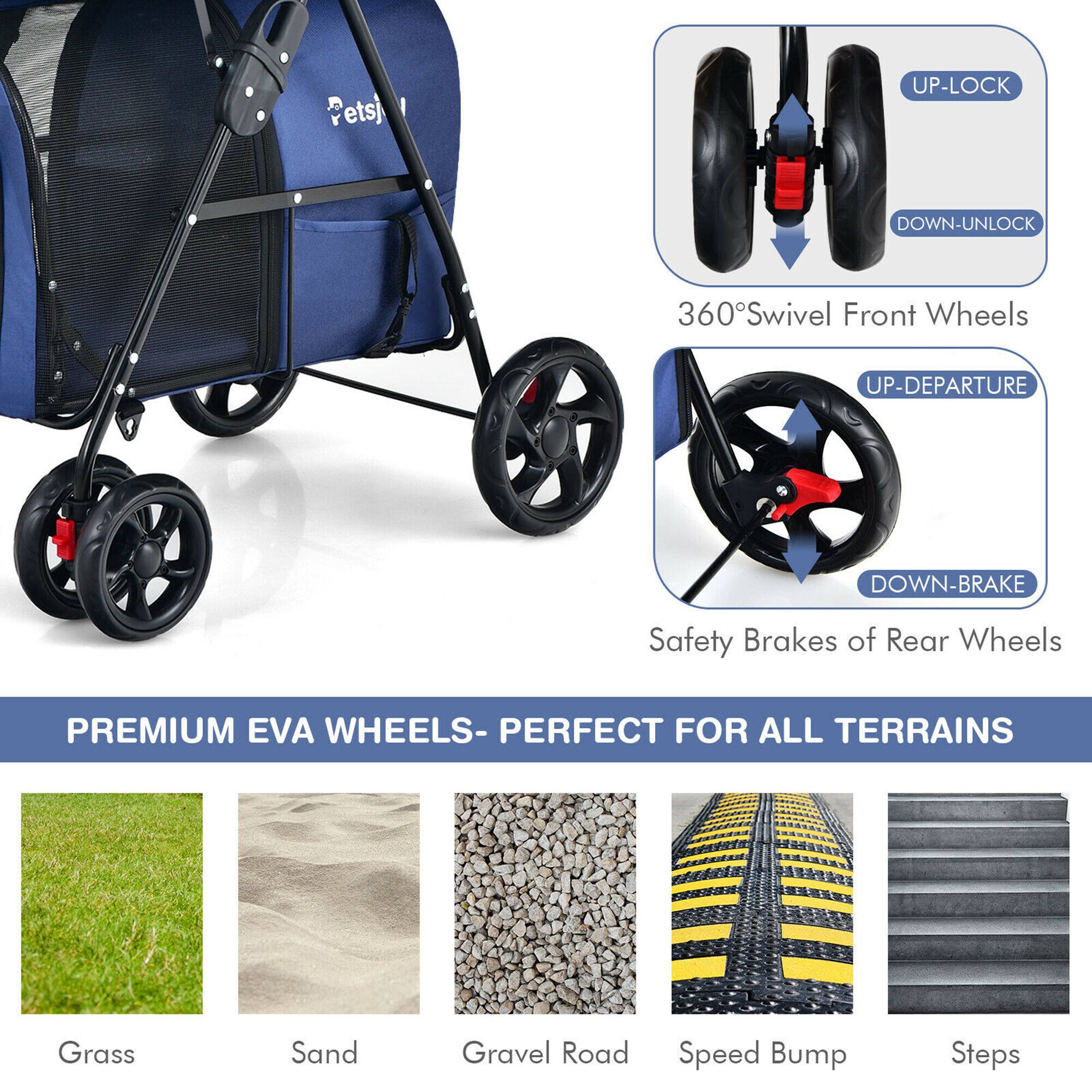 - UP-LOCK DOWN-UNLOCK
- 360° Swivel Front Wheels
- UP-DEPARTURE DOWN-BRAKE
- Safety Brakes of Rear Wheels

PREMIUM EVA WHEELS - PERFECT FOR ALL TERRAINS

Grass
Sand
Gravel Road
Speed Bump
Steps