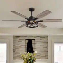 Siljoy - 6-Blade Industrial Caged Ceiling Fan with Light - Multi-Speed, Reversible, Adjustable Downrod