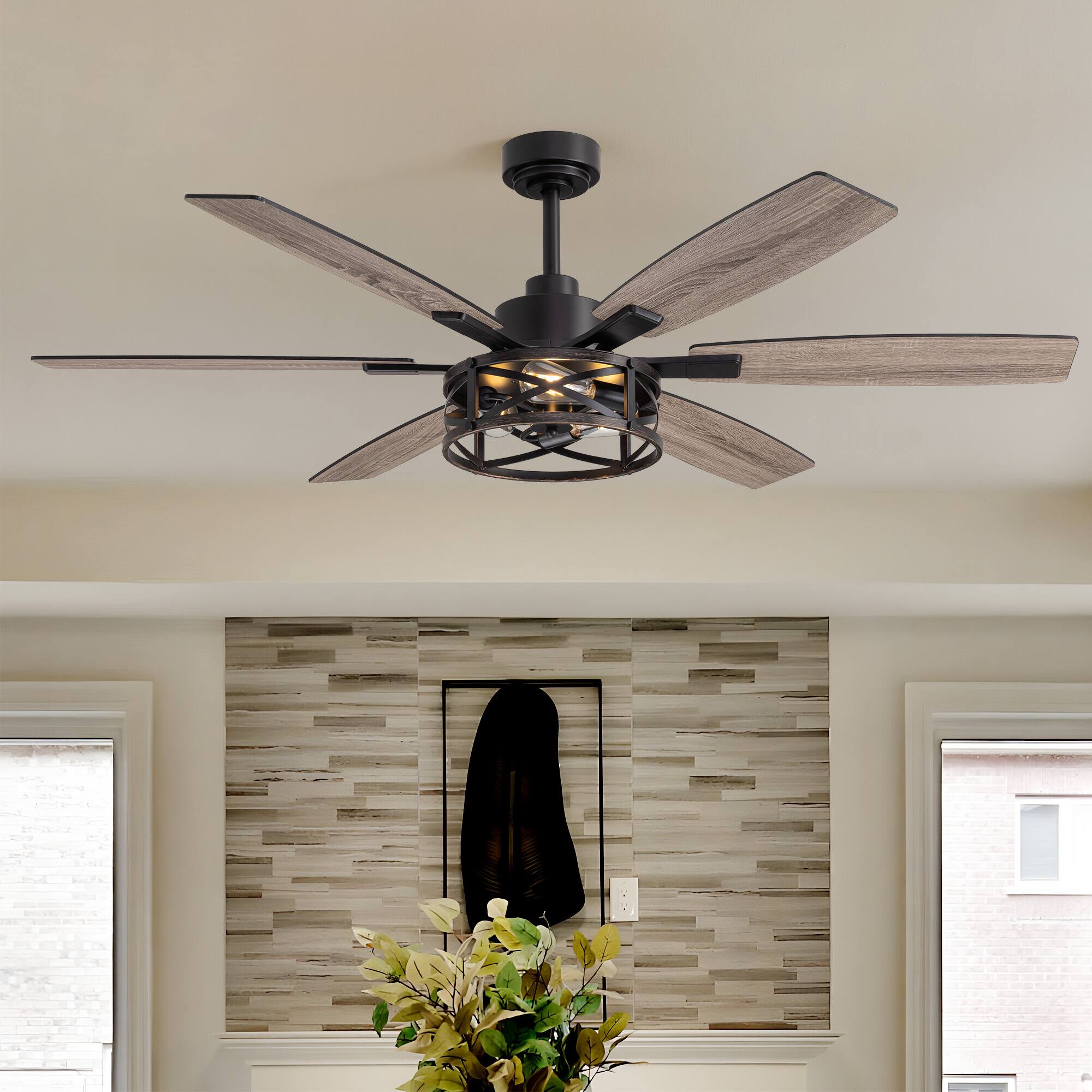 Front. Siljoy - 6-Blade Industrial Caged Ceiling Fan with Light - Multi-Speed, Reversible, Adjustable Downrod.