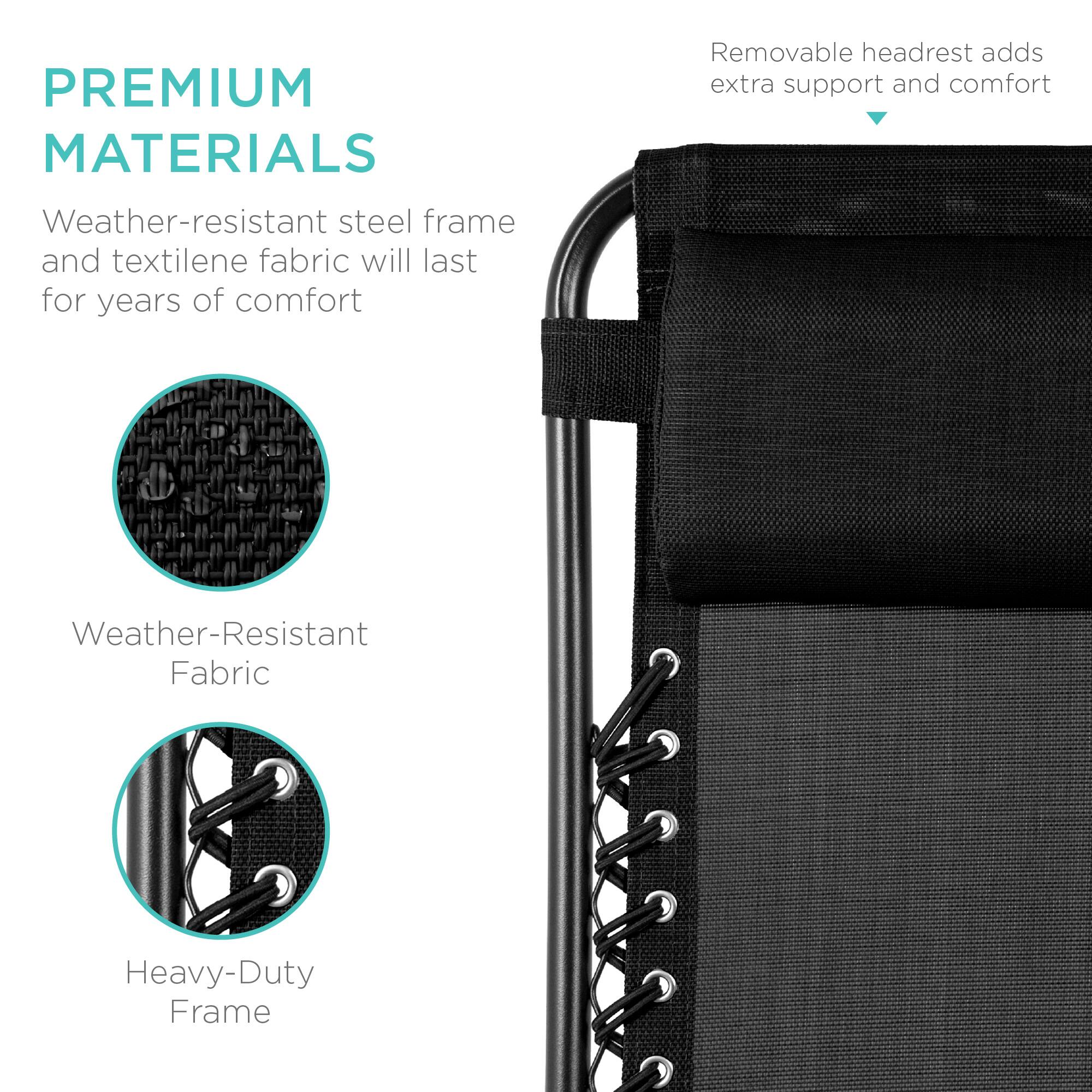 **PREMIUM MATERIALS**

- Weather-resistant steel frame and textilene fabric will last for years of comfort

- Removable headrest adds extra support and comfort

- Weather-Resistant Fabric

- Heavy-Duty Frame