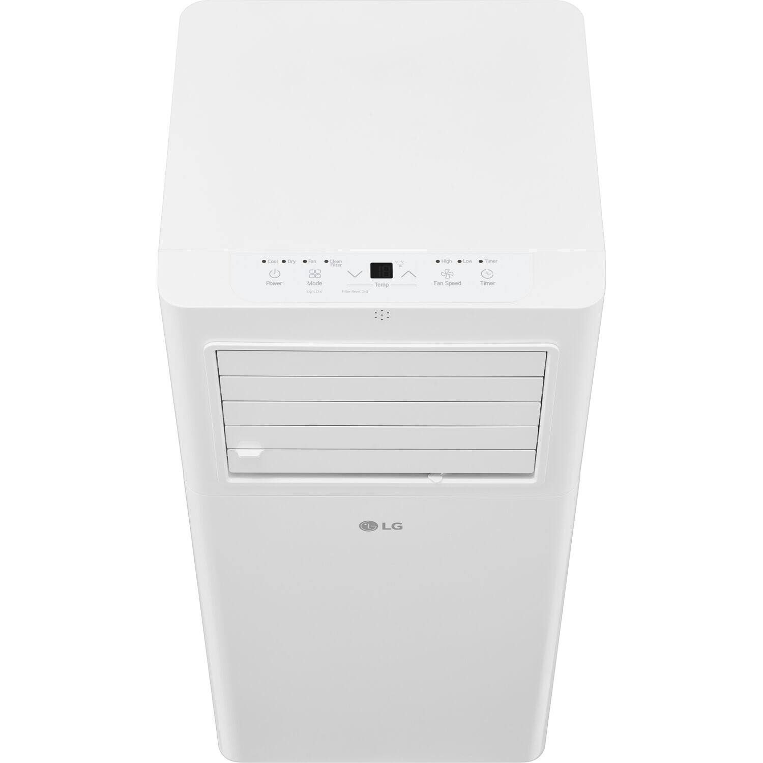 LG is the brand of the white appliance in the image. The appliance is a small white box with a digital display and four buttons. It is designed to provide four modes of operation, including heating and cooling, with adjustable speed settings.