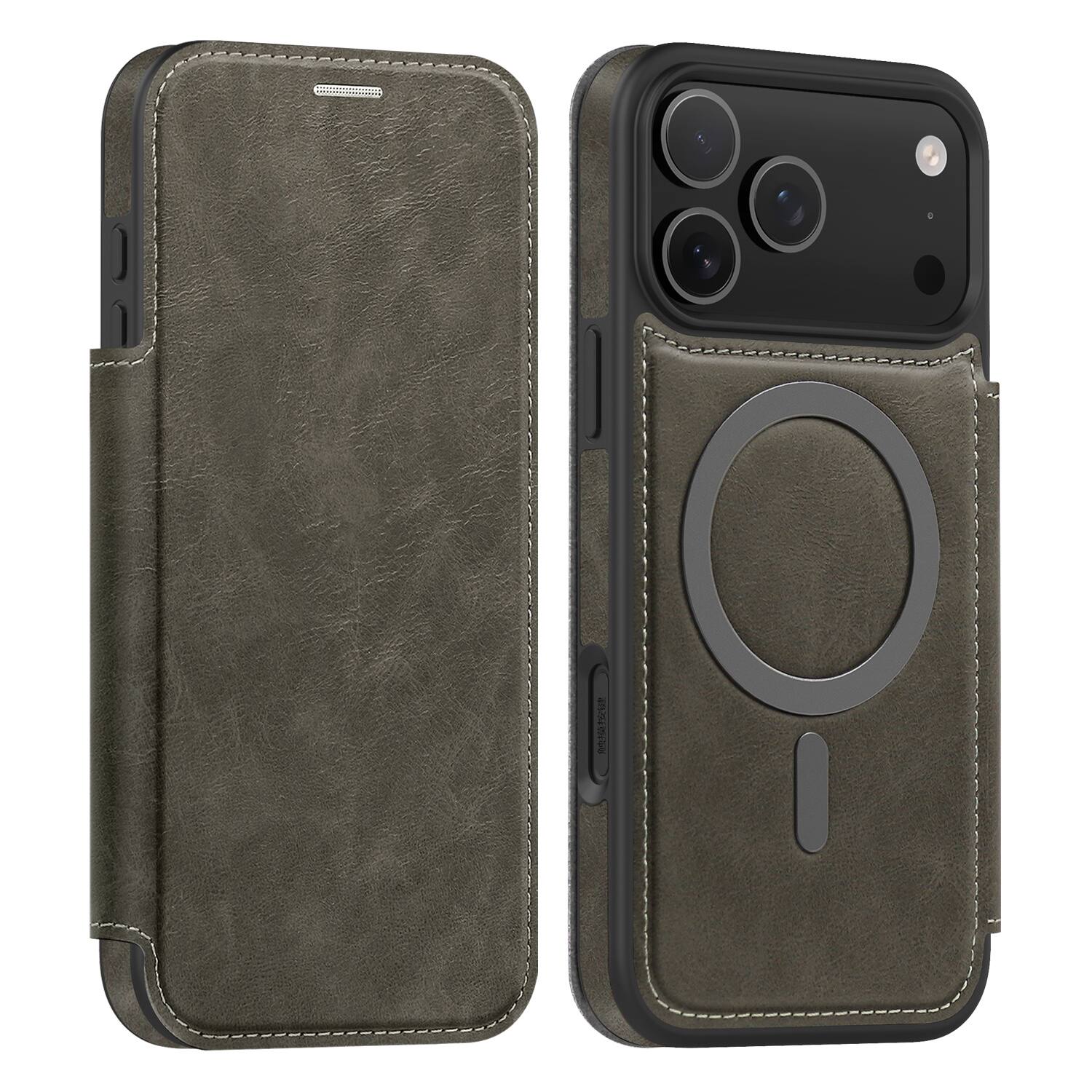 Angle. UUCOVER - Magnetic Wallet Case for Apple iPhone 18 Pro Shockproof  RFID Blocking Leather  Compatible with MagSafe Card Slots Cover - Gray.