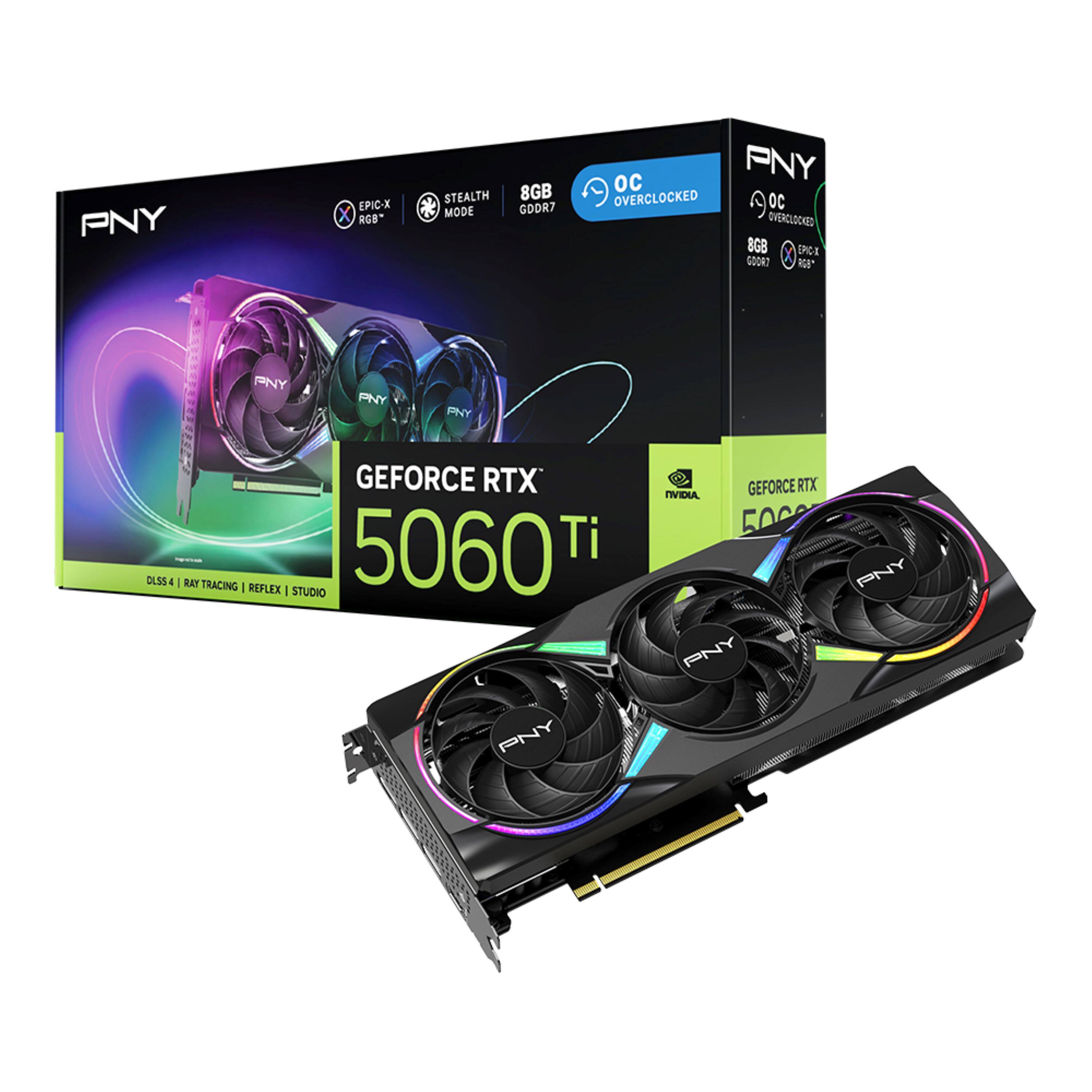 PNY EPIC-X X RGB* STEALTH MODE 8GB GDDR7 OC PNY OVERCLOCKED OC OVERCLOCKED 8GB UPGE GOORD X IP PNY PNY PNY PNY GEFORCE RTX 5060 Ti DLSS 4 RAY TRACING REFLEX STUDIO GEFORCE RTX VID 500 PNY PNY PNY aA