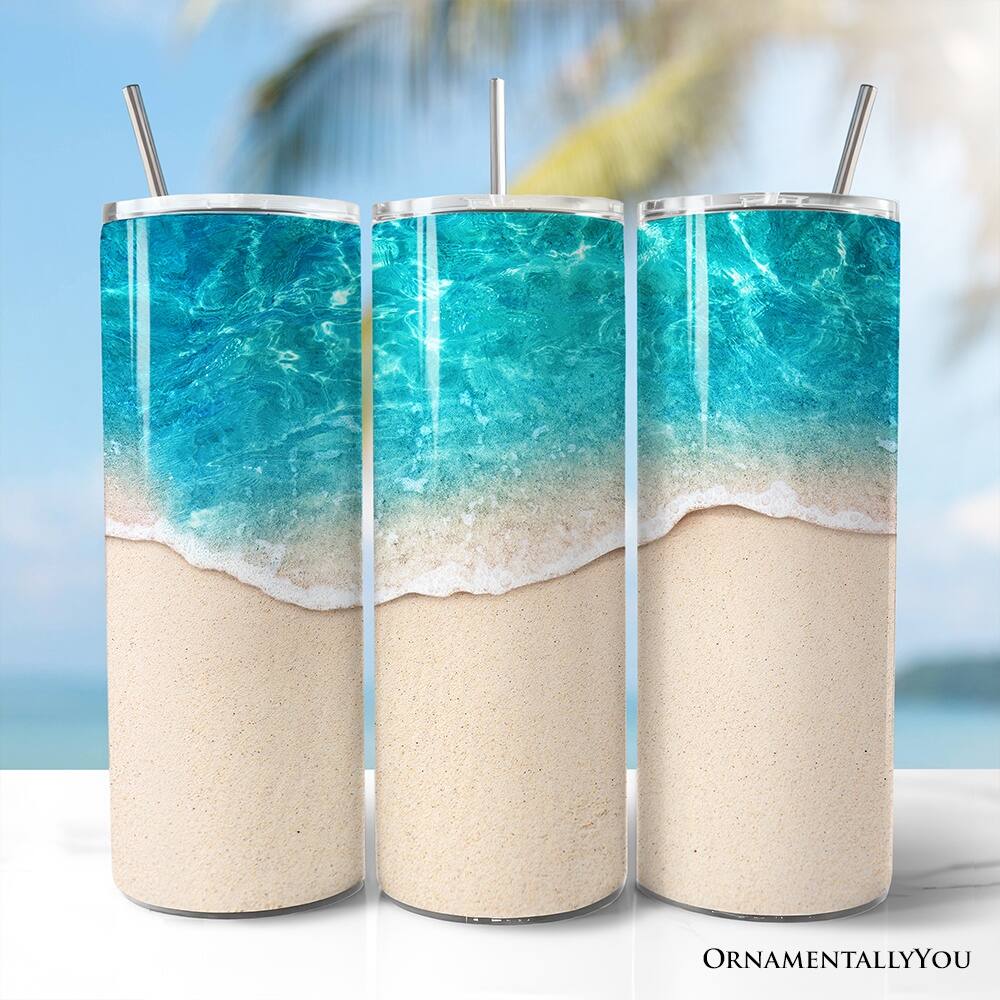 Left. OrnamentallyYou - Turquoise Ocean Shore 20oz Tumbler With Lid and Stainless Steel Straw - Multicolored.