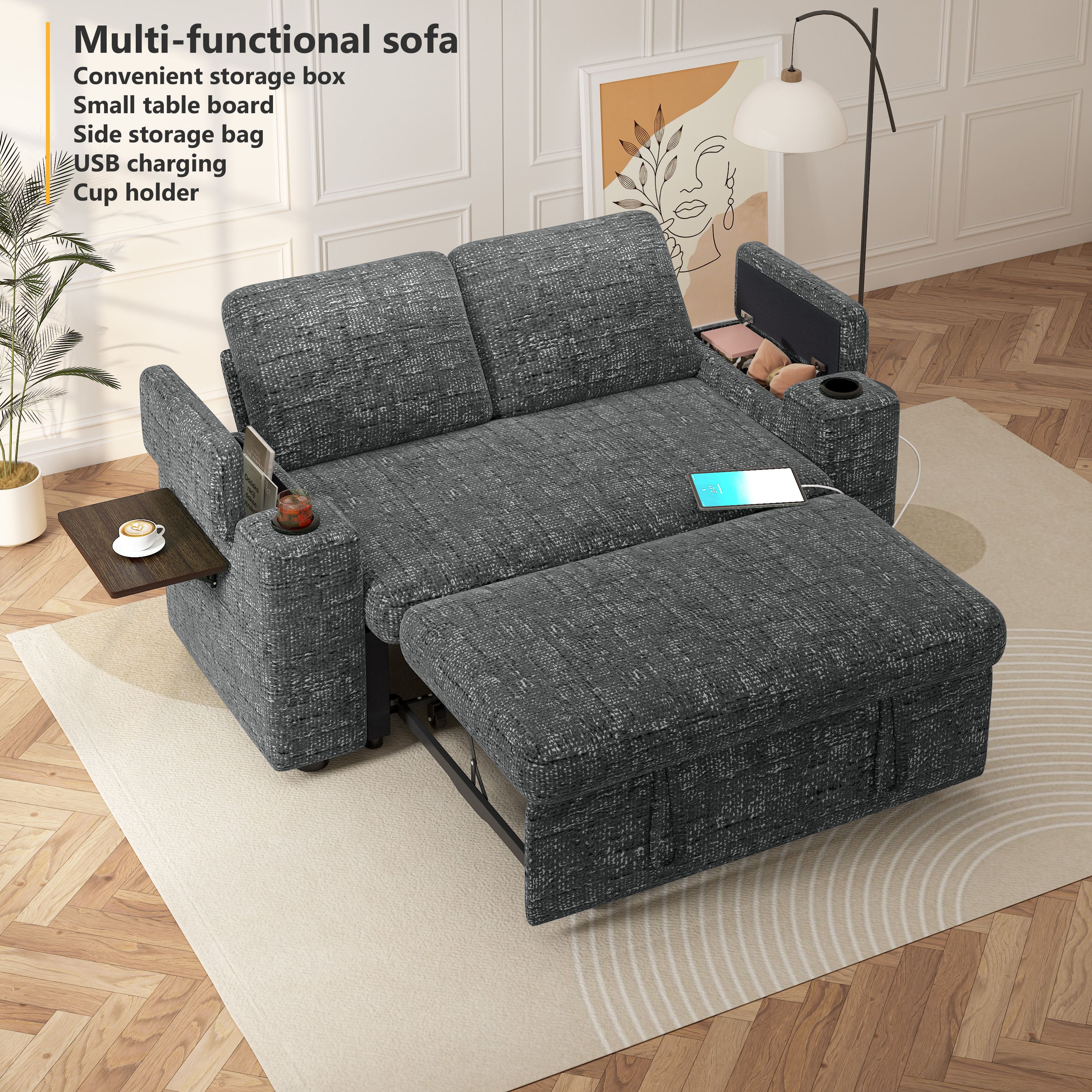 Dyonery - 65-inch pull-out bed, adjustable backrest, usb charging, Chenille grey - Gray