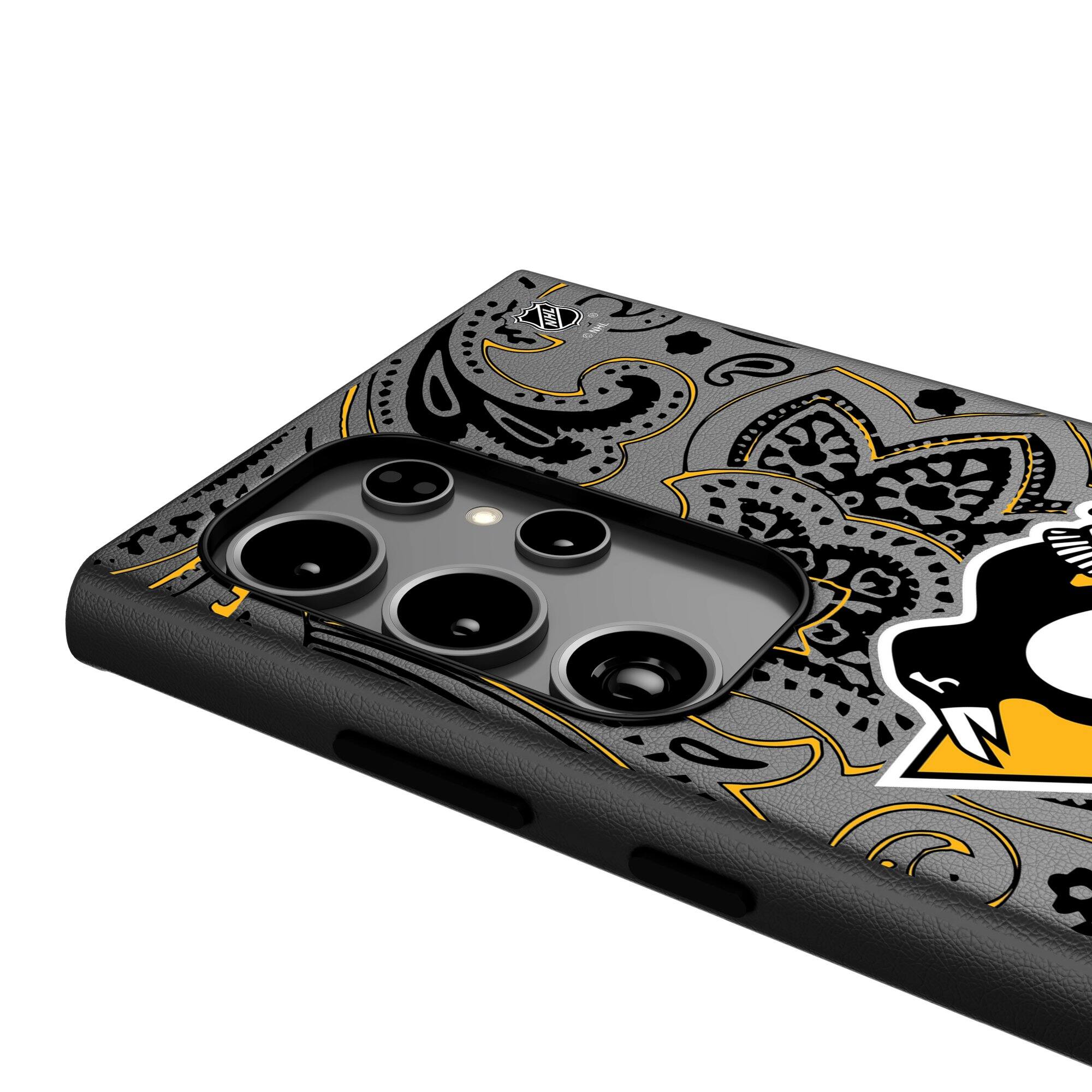 Alt View 3. Keyscaper - Pittsburgh Penguins Paisley Galaxy Magnetic Bump Case - S25 Ultra - Black.