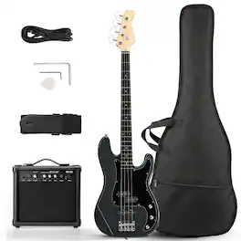 Winado - 4 String Bass Guitar, Full-Size Electric Bass Guitar Kit Includes 20W AMP, Portable Gip Bag Adjustable Guitar Strap - Gray