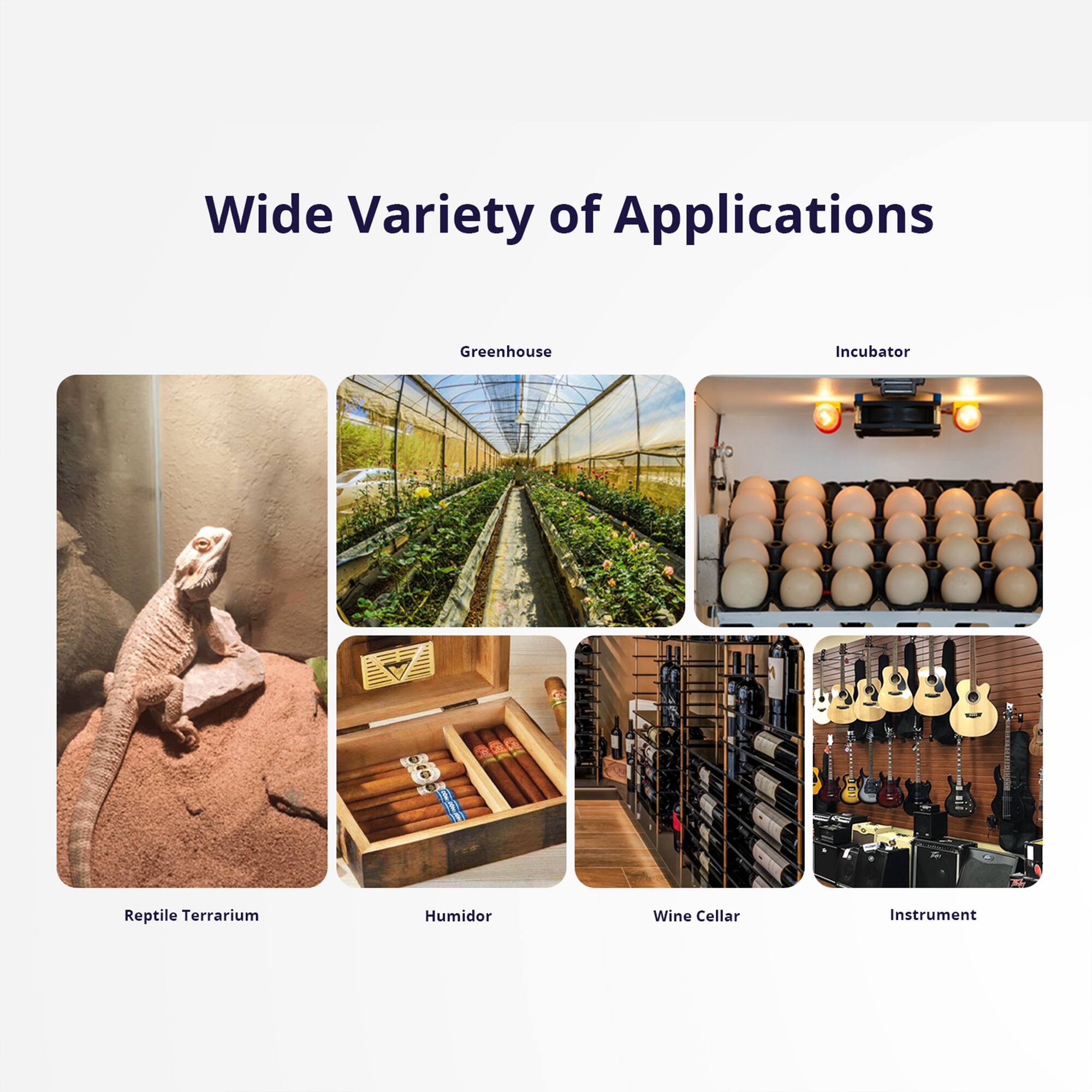 Wide Variety of Applications

- Greenhouse
- Reptile Terrarium
- Humidor
- Wine Cellar
- Instrument
- Incubator